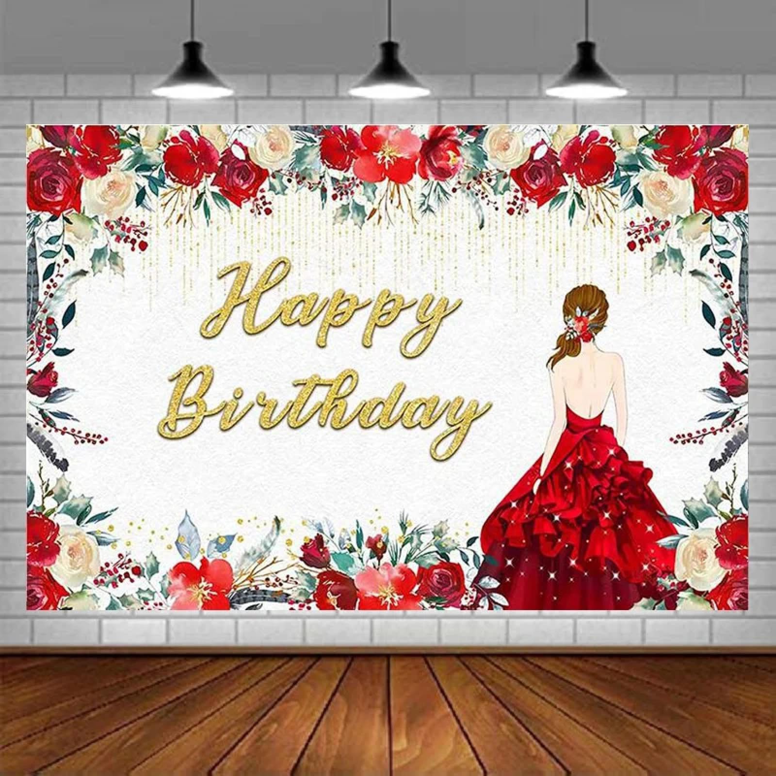 Fotografie Hintergrund Prinzessin Rotes Kleid Blumenhintergrund Gold Für Mädchen Alles Gute Geburtstag Party Dekor Kuchen Tisch Banner
