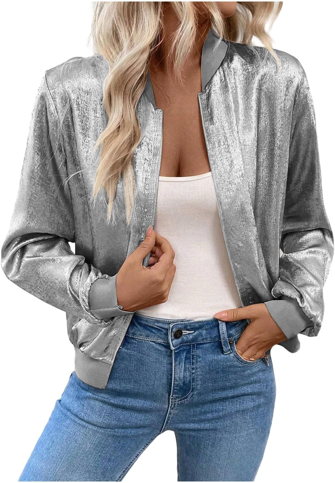 Women's Bomber Jackets Metallic Sparkly Flight Jackets Long Sleeve Zip Up Coats Ladies Lightweight Biker Jacket Glitter Club Party Festival Baseball Jacket Shiny Look Tops Wedding Dance Going Out