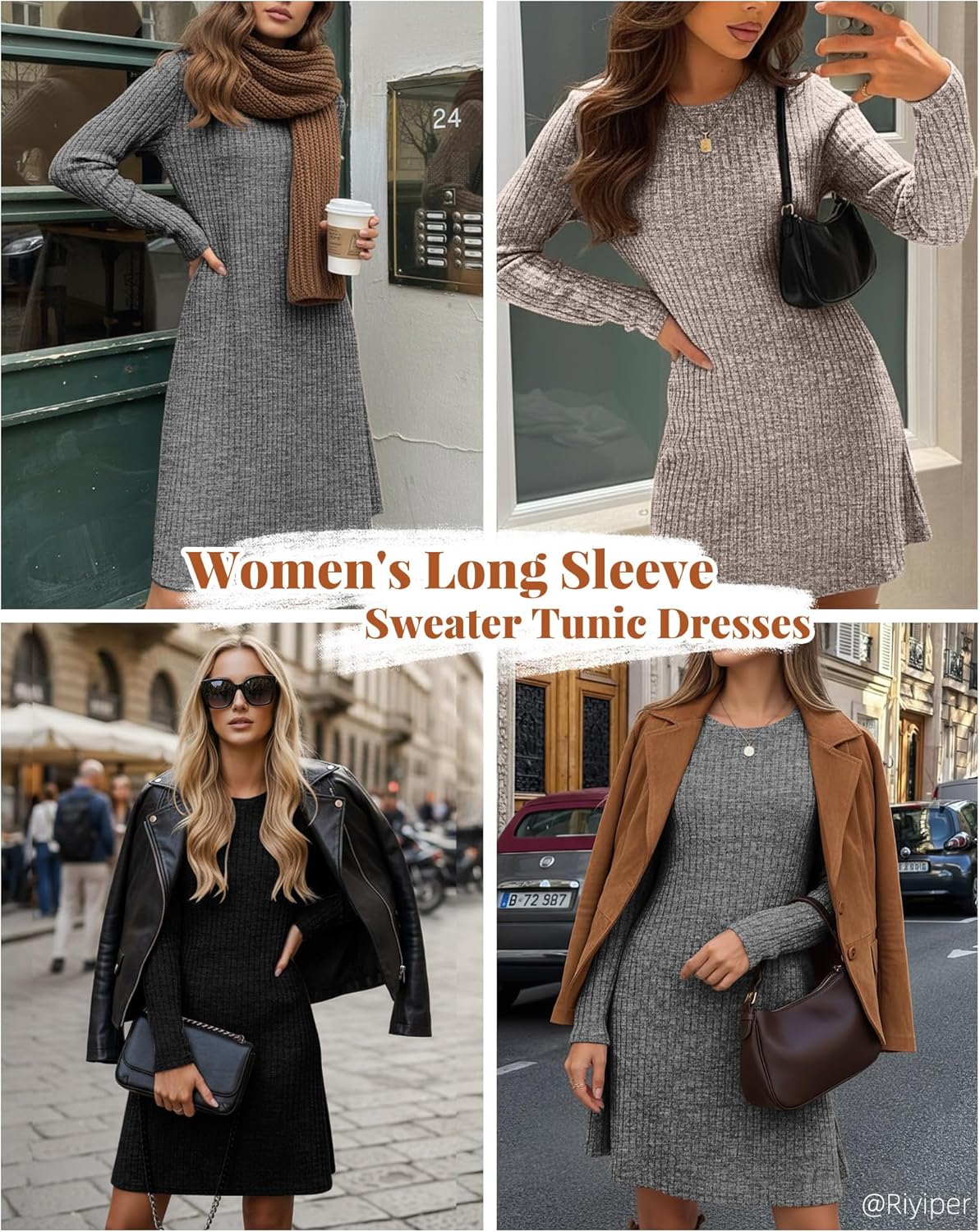 Riyiper 3 Pack Women's Long Sleeve Sweater Tunic Dresses - Loose Fitting Knit Crew Neck for Casual Fall Winter - Image 2