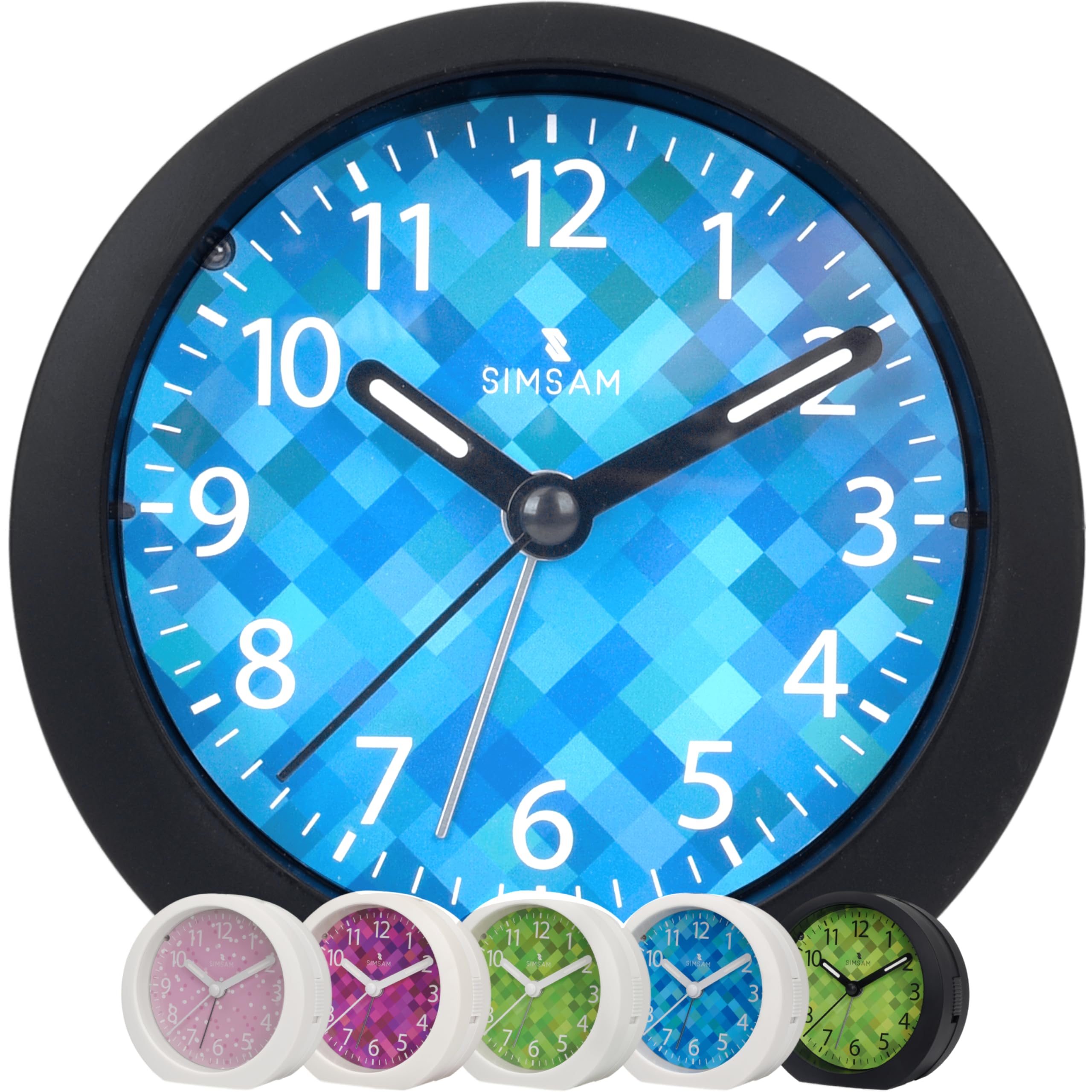 SIMSAM Wecker Kinder Jungen, Kinderwecker Jungen Ohne Ticken für Schulanfänger, Einschulung Kinder Wecker für Junge, Schulkind Lernwecker Analog mit 24 Melodien, Batterie, Snooze (Schwarz-Hellblau)