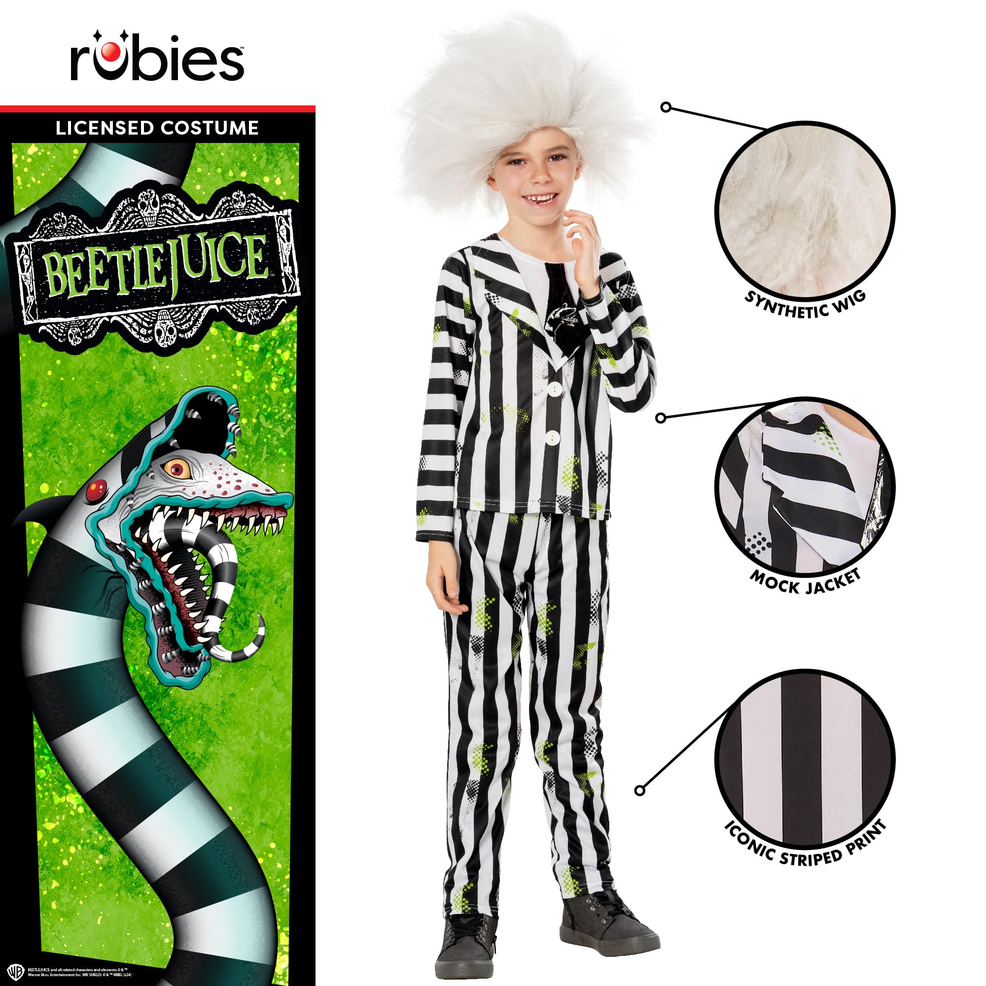 Rubies 1000709S000 Kids Beetlejuice Costume and Wig Fancy Dress, Multicoloured, 7-8 Halloween, Sizes 7-8 - Image 3