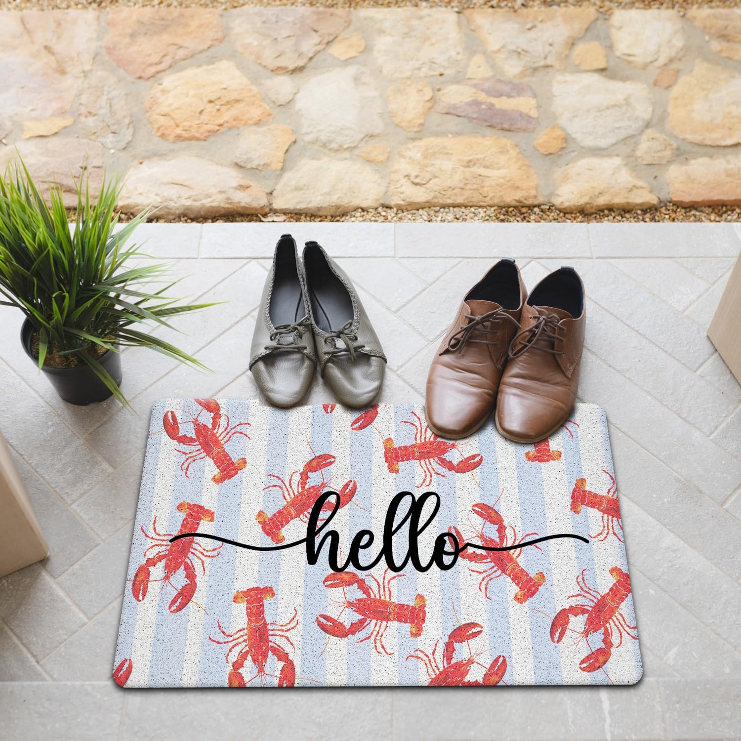 JINYO Red Lobster Coastal Door Mat, Lobster Door Mat Indoor Outdoor Entrance Entryway Porch, Coastal Nautical Crawfish Bath Mats for Bathroom, Beachy Welcome Mats, 17x30 Inch