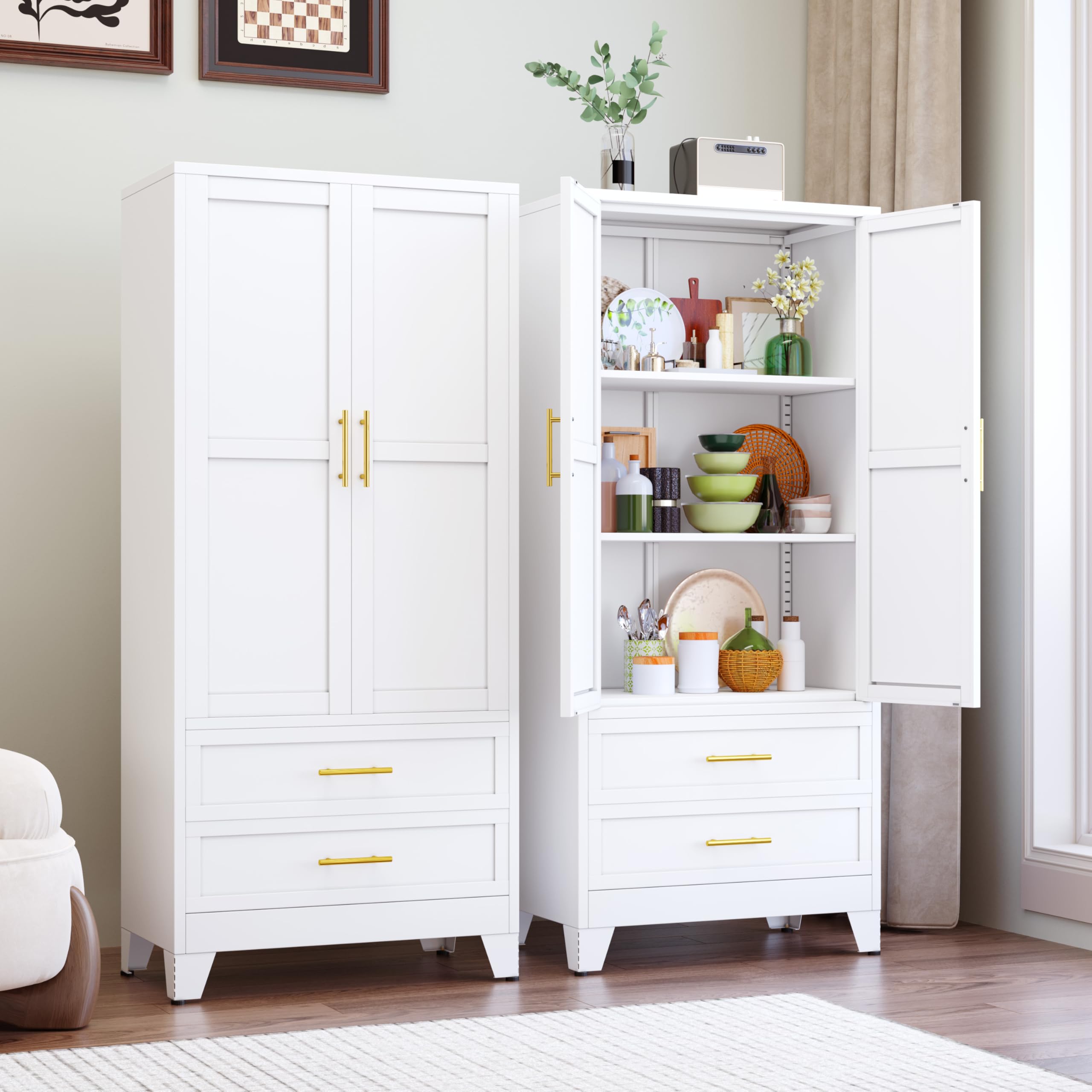 GAIOUS 71" Tall Metal Pantry Cabinet, Steel Storage Cabinets with 2 Doors, 2 Adjustable Shelf and 2 Drawers, Used as Kitchen Cabinet, Freestanding