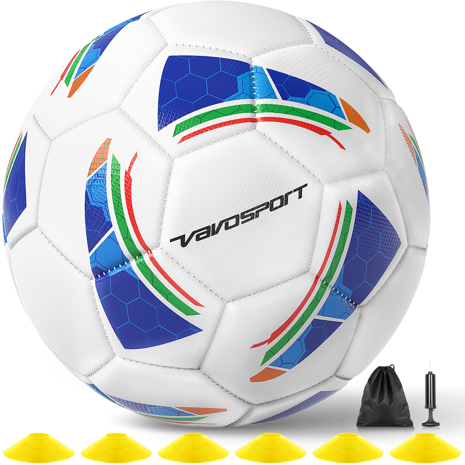 VAVOSPORT Soccer Ball Set – Official Size 3, 4, 5 Soccer Balls with Pump & 6 Cones, Waterproof TPU Leather Soccer Training Equipment for Kids, Youth &