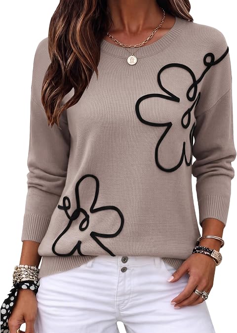 Zeagoo Women's Sweaters 3D Floral Appliques Crewneck Long Sleeve Pullovers
