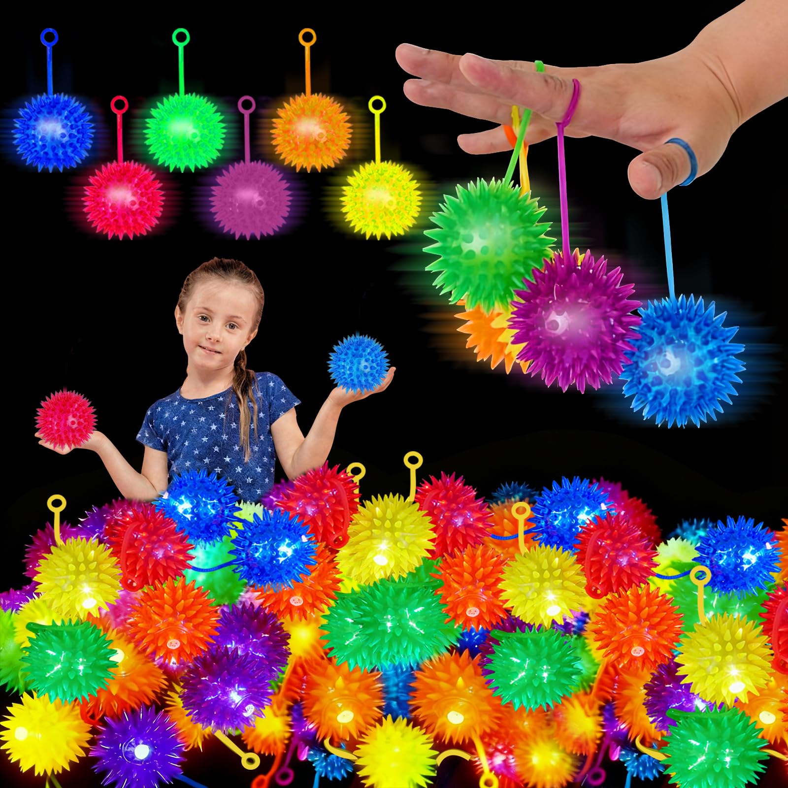 CONEHOY 120 Pcs Light Up LED Bouncy Balls 6 Colors Flashing Child Rubber Ball Bulk Sensory Toys Adults Stress Relief Toys for Kids Toddlers 36 Months Party Favors Carnival Prizes