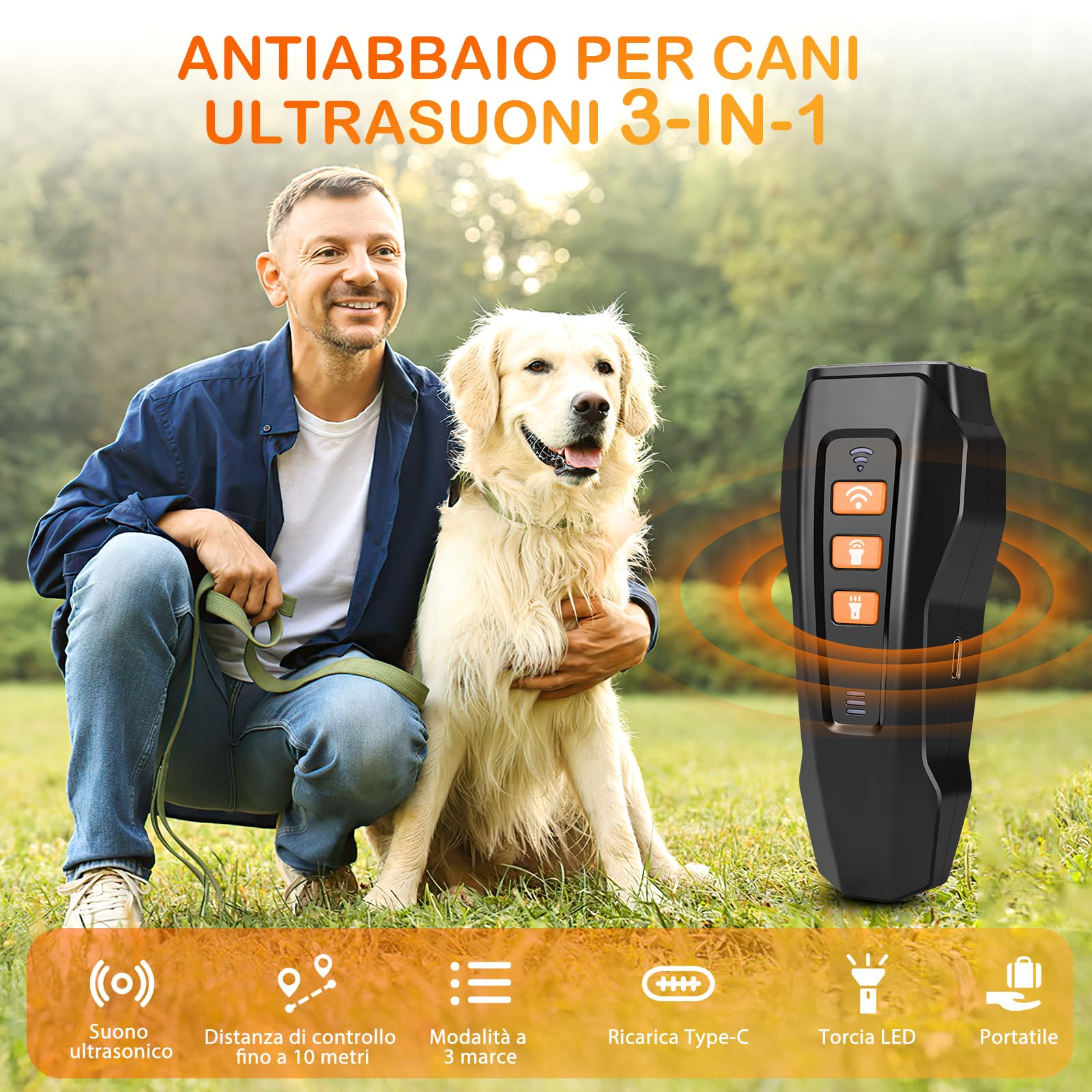 kacylzom Antiabbaio per Cani ad Ultrasuoni, Dispositivo Anti-abbaiare con 3 Frequenze Regolabili, Sicuro per Taglia Piccola Media Grande, Interni ed Esterni