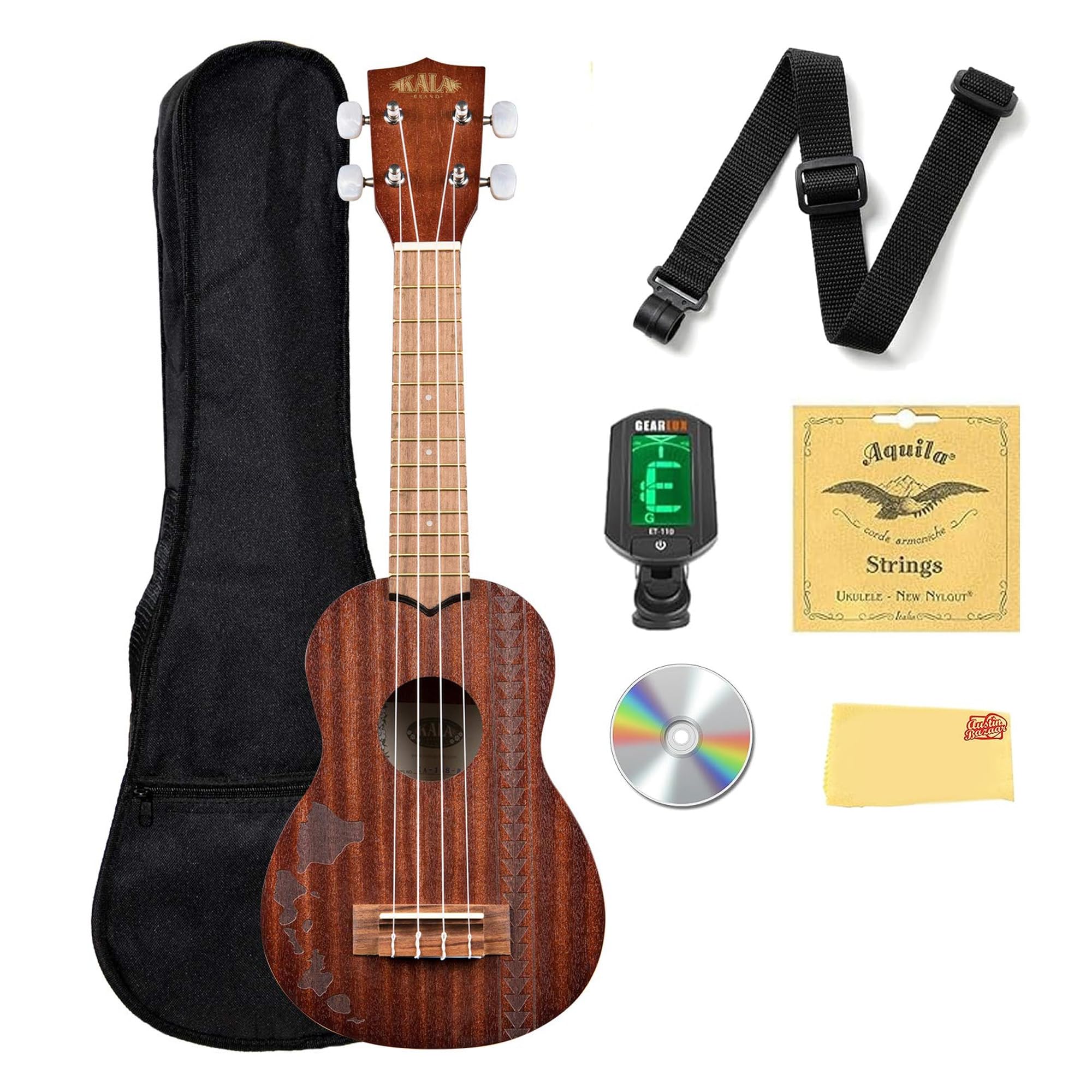 Kala KA-15S-H2 Satin Mahogany Soprano Ukulele - Hawaiian Islands Tattoo Bundle with Gig Bag, Tuner, Strap, Austin Bazaar Instructional DVD, and Polishing Cloth