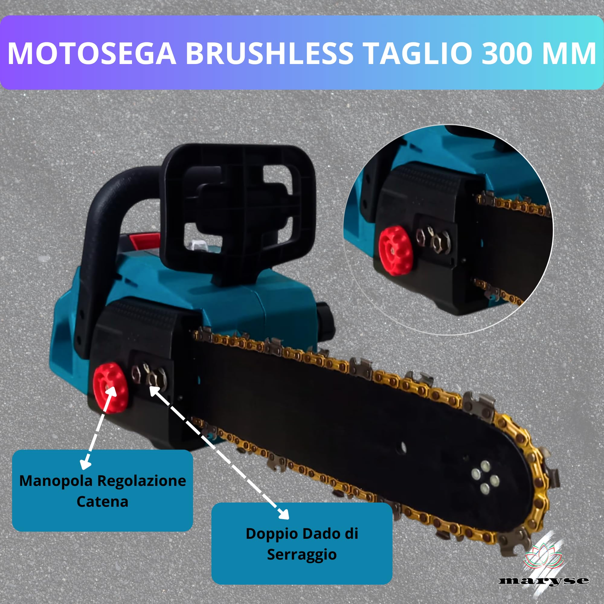 Motosega a Batteria Brushless 48V 6.0Ah - Barra 300mm, Velocità Catena 8m/s, Elettromotosega Leggera (3KG) con Kit Montaggio e Serbatoio Olio 120ml