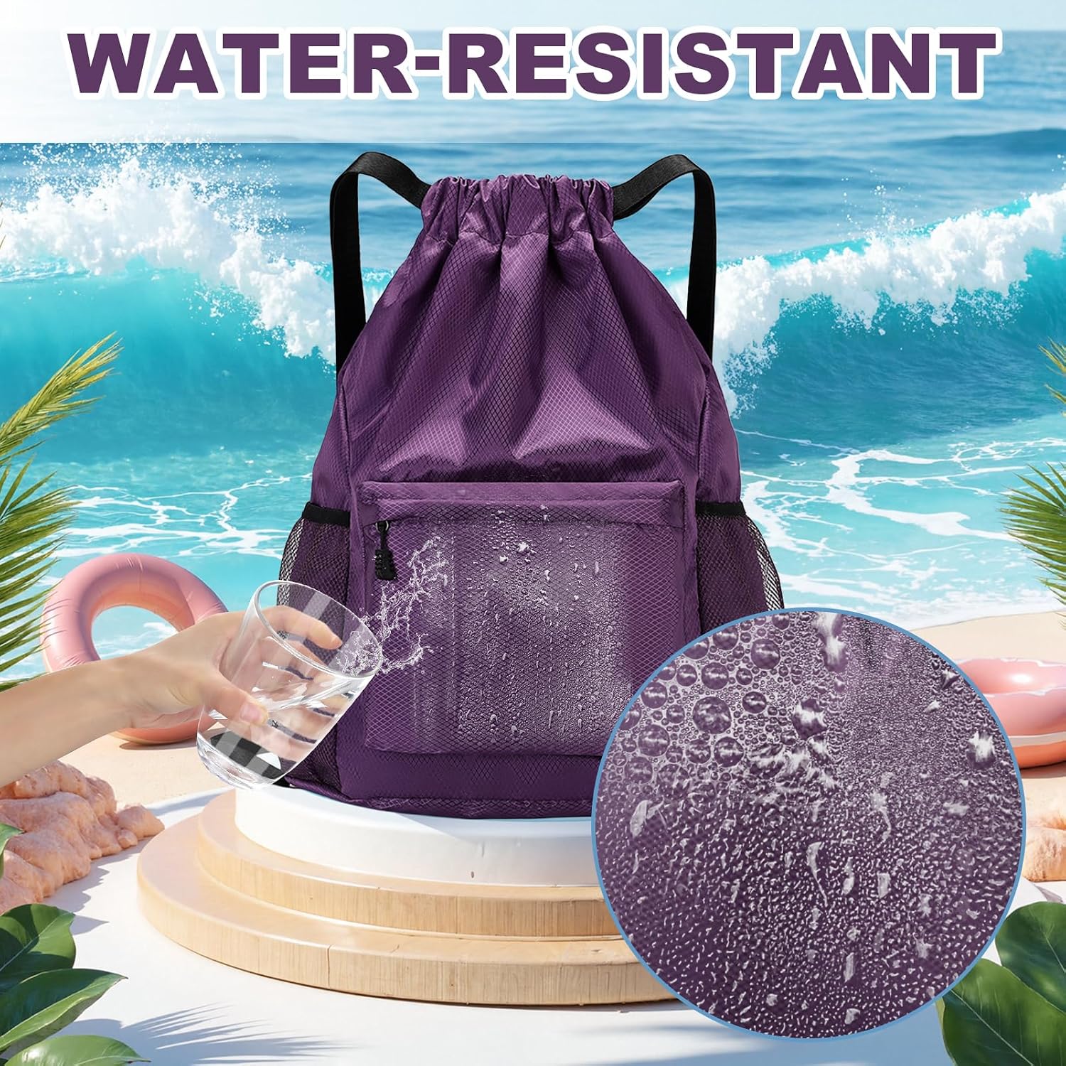 Tygelluis Drawstring Backpack, Waterproof Gym Bag with Water Bottle Pocket for Women Men, Pull String Sport Bag for Swim, Soccer and Basketball,Purple