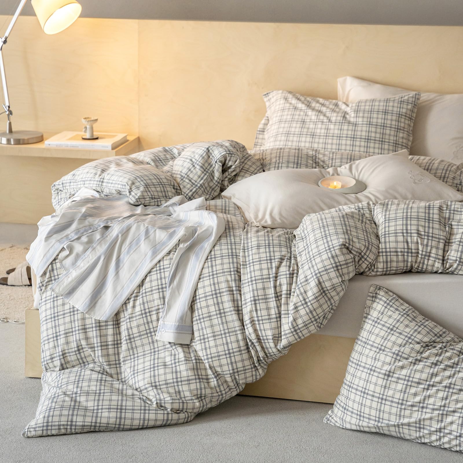 Plaid Duvet Cover Set Jersey Cotton,Queen(90"x90"),Gray Gingham