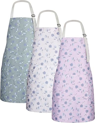 Miniatura 9 de Paquete de 3 delantales florales impermeables para mujer, correa ajustable con bolsillo, multiusos para cocina, arte, jardín