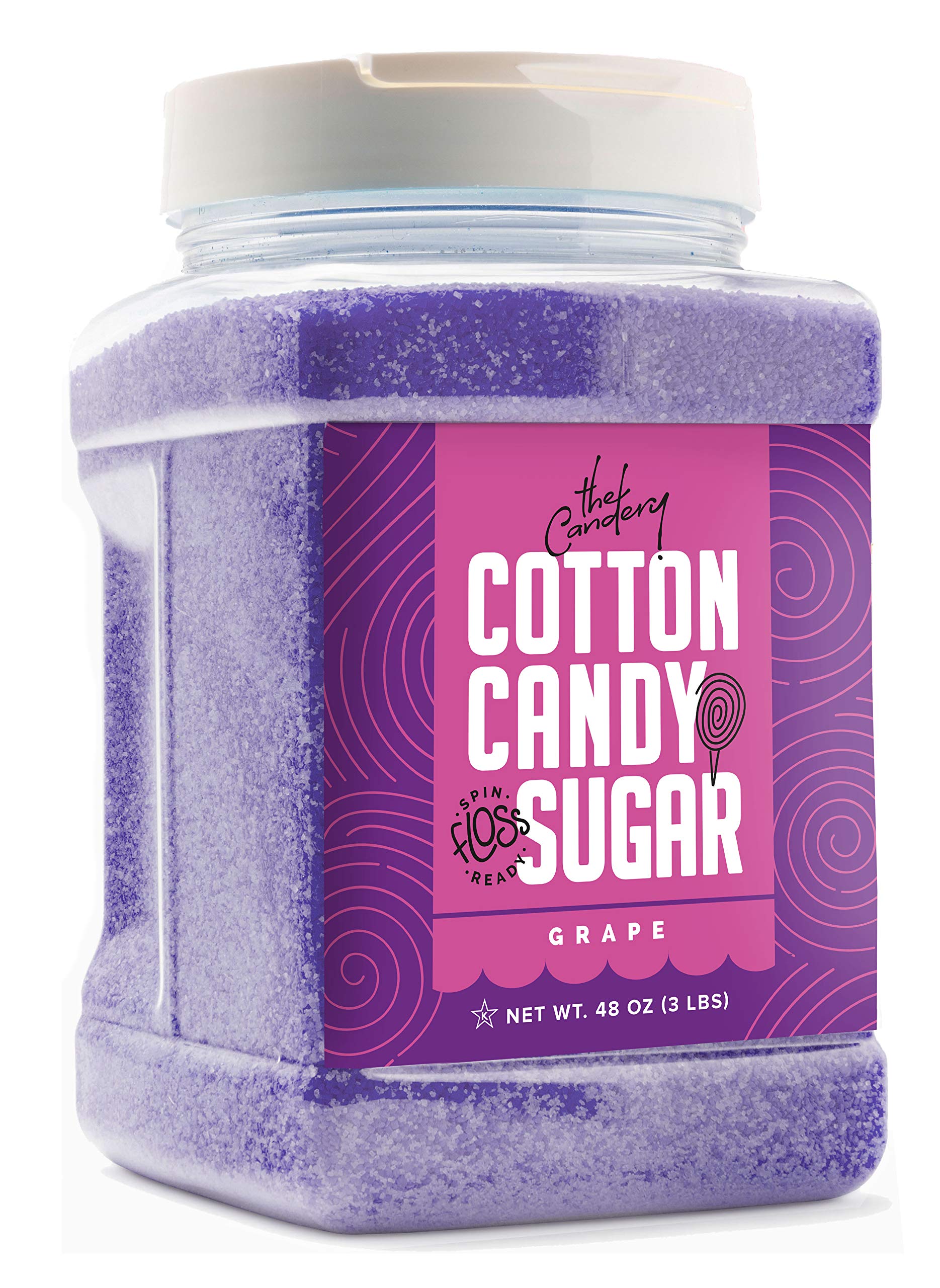 The Candery Cotton Candy Floss Sugar Strawberry Flavor- Reusable Plastic Jars - Easy Pour and Scoop Spout - 48oz 3LB (Grape)