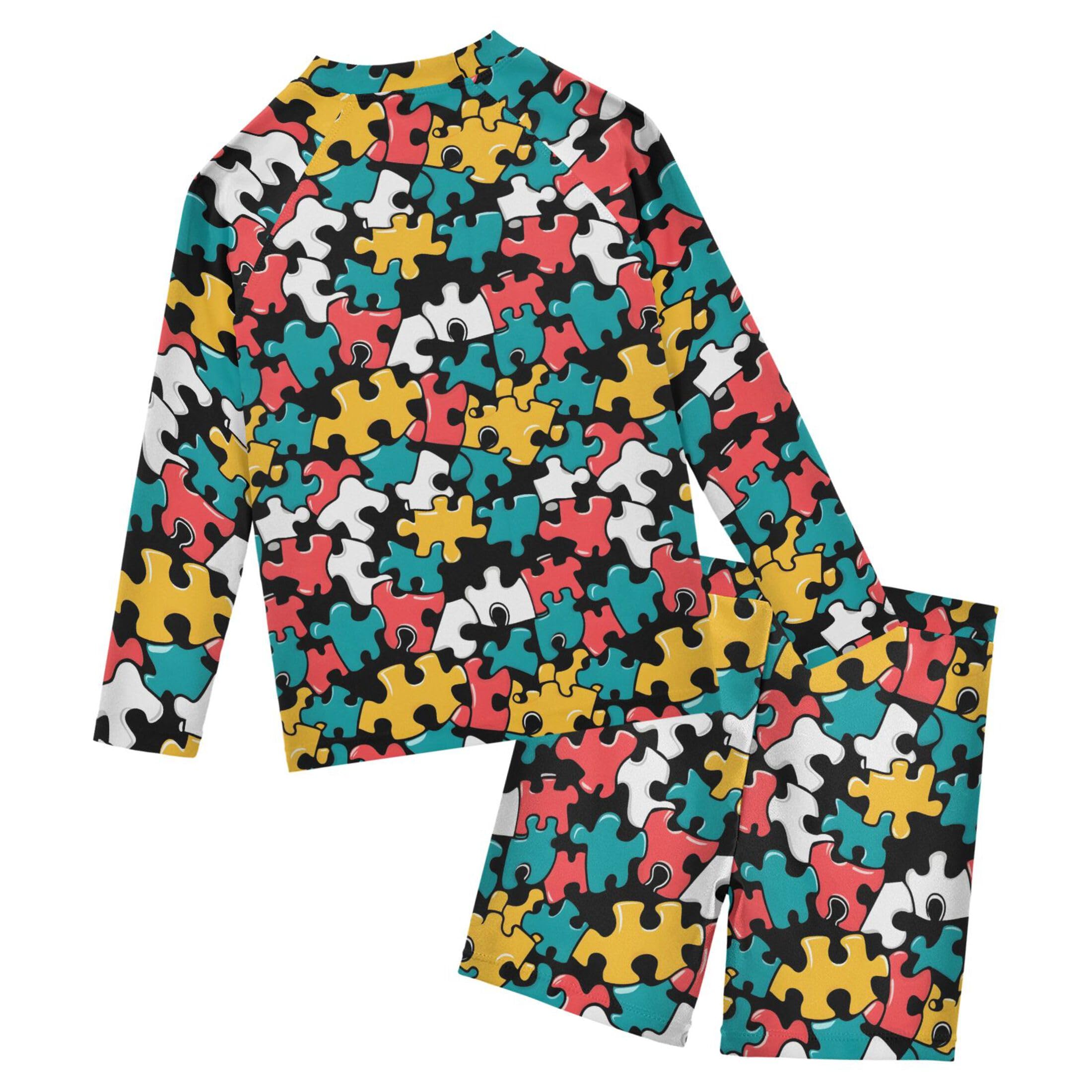 Jigsaw Puzzle Baby Boys' Toddler Long Sleeved Rashguard Swim Bathing Suit Set B0403556