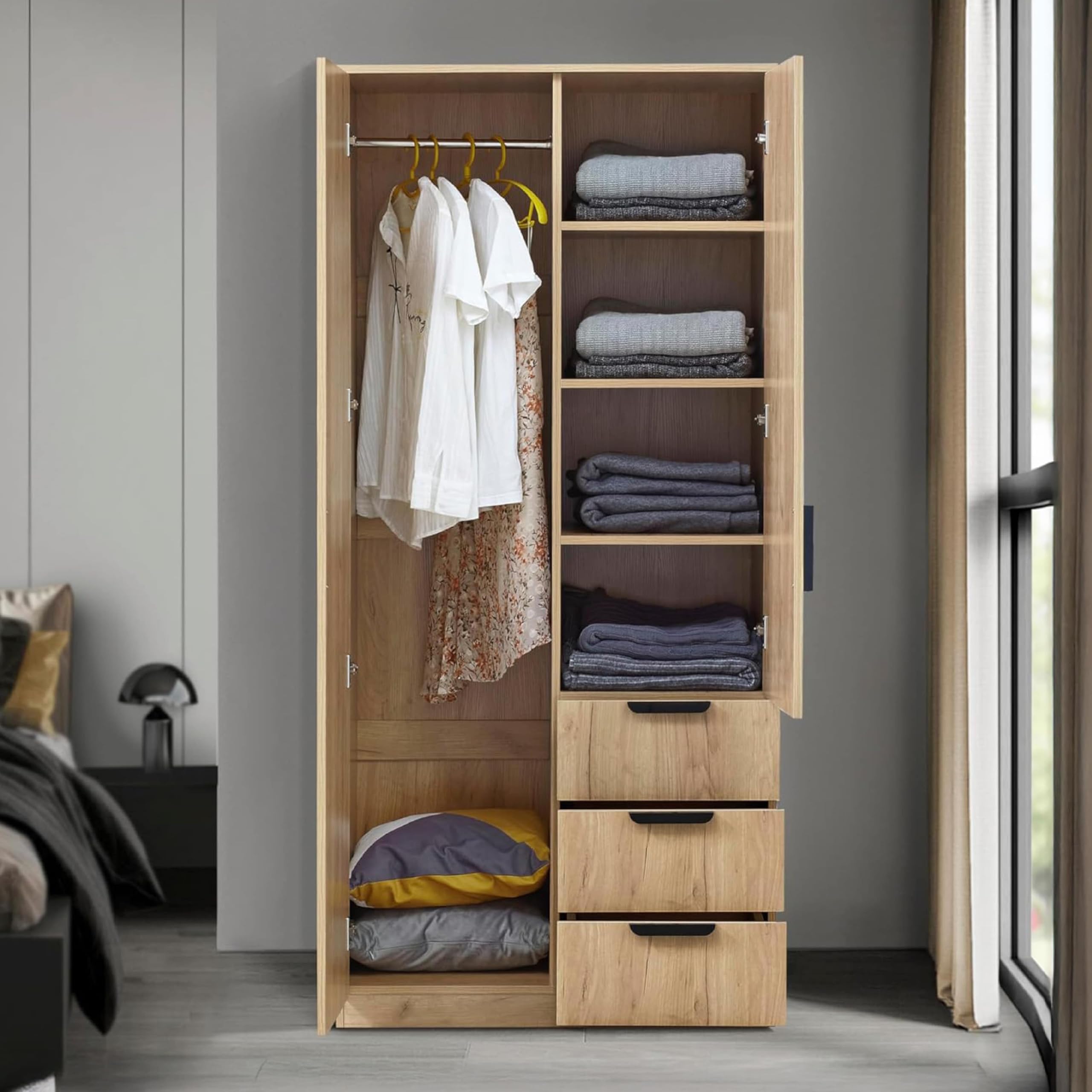 Kleiderschrank Eiselfing mit 2 Türen 176 x 80 x 52 cm Eicheoptik 1 Kleiderstange 4 Fächer 3 Schubladen