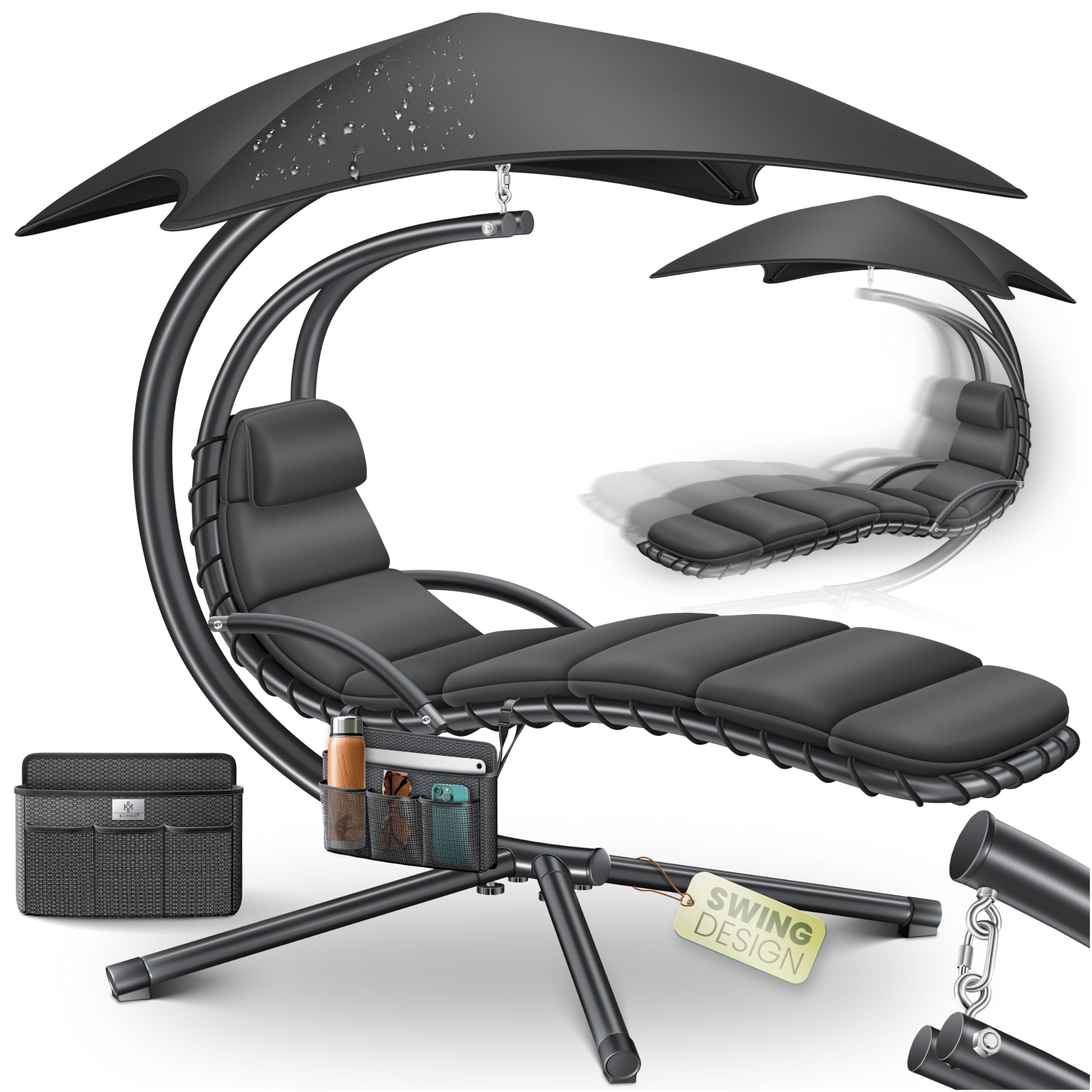 KESSER® Schwebeliege mit Sonnenschirm, Hängeliege, Sonnenliege H200, L194, B100 cm, Relaxliege, Schaukelliege Hängematte, bis 120 kg belastbar, Auflagen - Nackenkissen, Inkl. Tasche