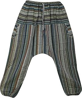 Mogul Interior Boho Hippie Pant, Spruce Blue Cotton Baggy Handmade Stripe Harem Pants, S/M/L