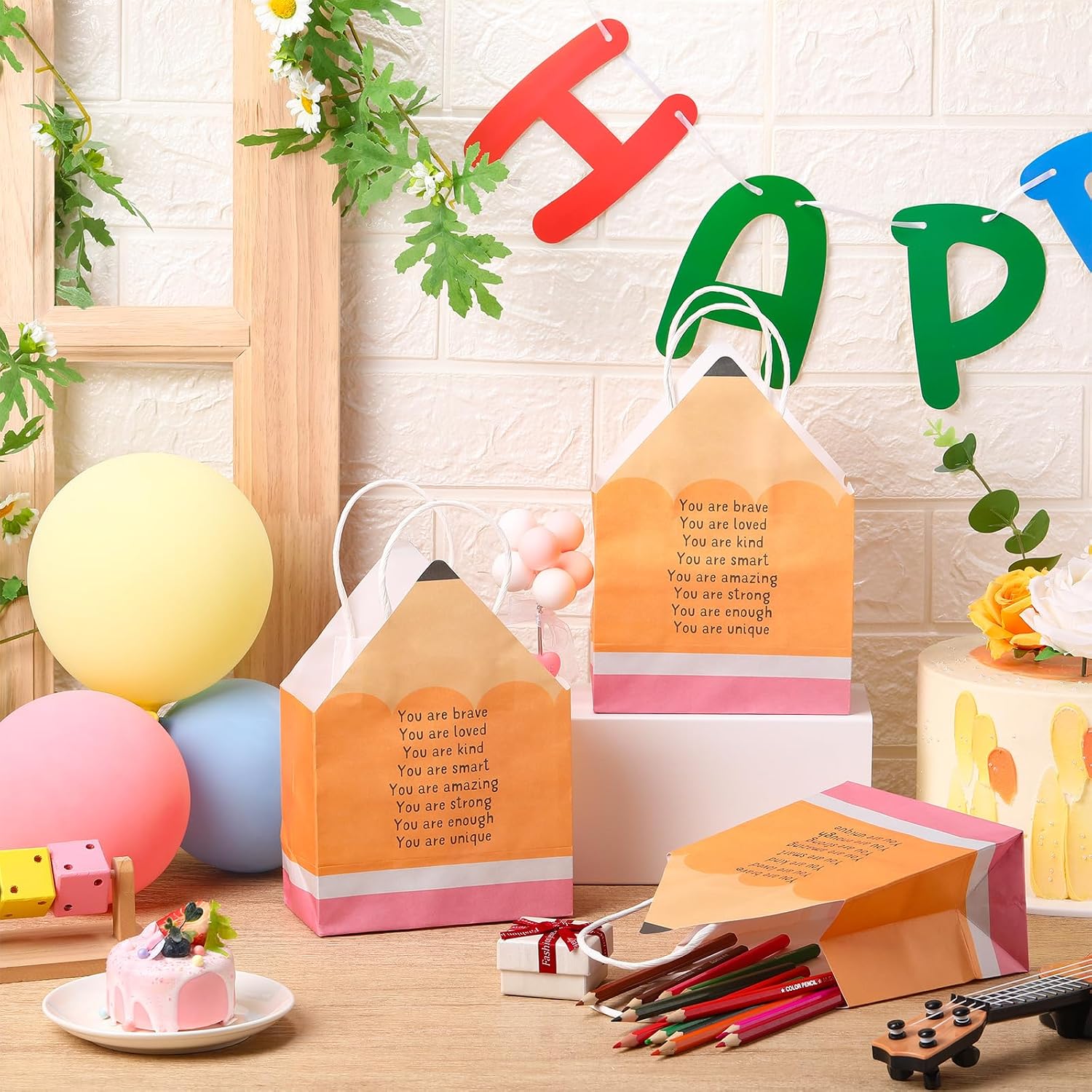 Feifeiya 12 Pcs Back to School Gift Bags Bulk Pencil Shaped Bag for Teacher image 4