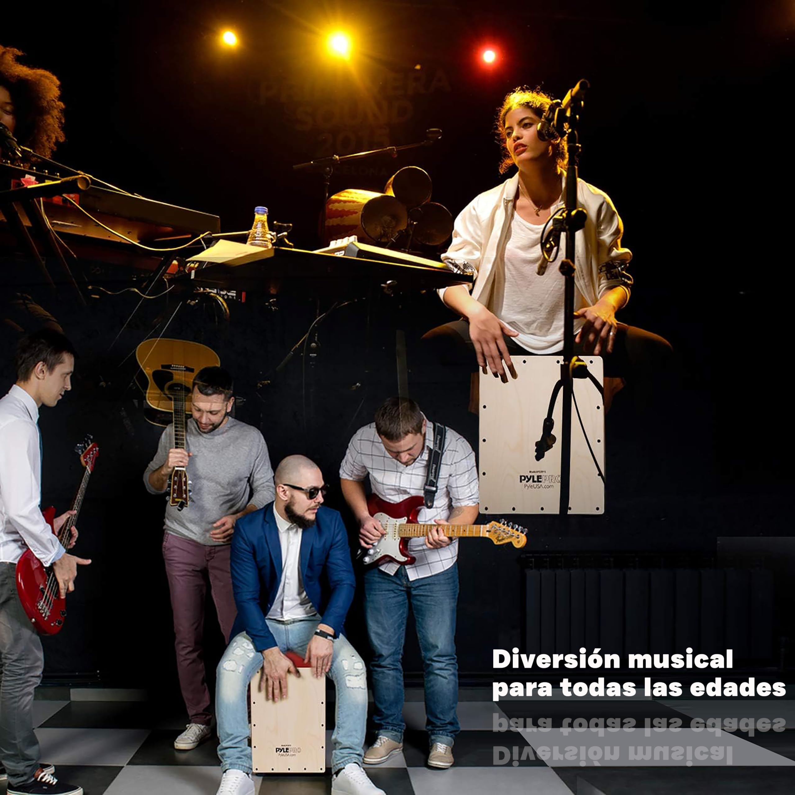 Pyle Cajón de Percusión, Caja Acústica de Madera de Abedul, Cuerdas de Guitarra Ajustables, Sonido Profesional, Compacto 30x30x38 cm, Patas Antivibración, Ligero 5kg, Ideal para Todas las Edades