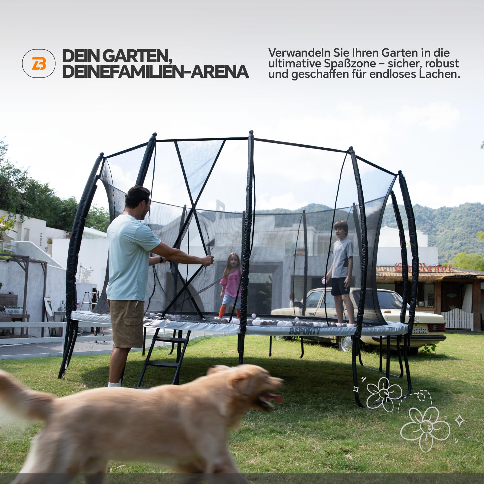 Trampolin Outdoor 305 cm mit Sicherheitsnetz, 5 verstärkte U-förmige Beine mit Mittelstütze, ASTM-Zertifiziert, Freizeittrampolin für Kinder und Erwachsene
