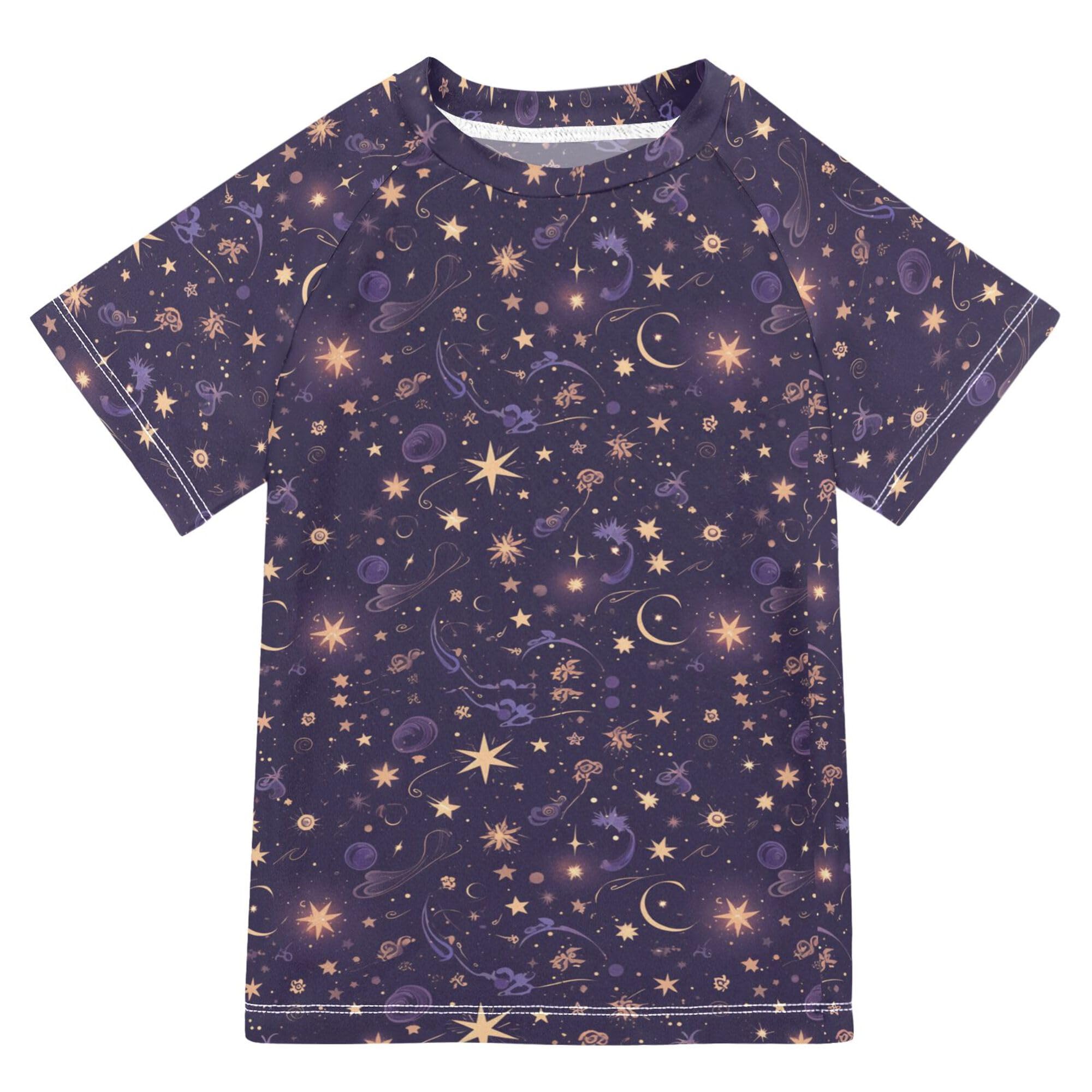 Wudan Cute Cartoon Stars Purple Girl Bathing Suit Short Sleeves Kids Rash Guard Swim Girls Swimwears Basketball Tshirt for Teen Boys 5-6T