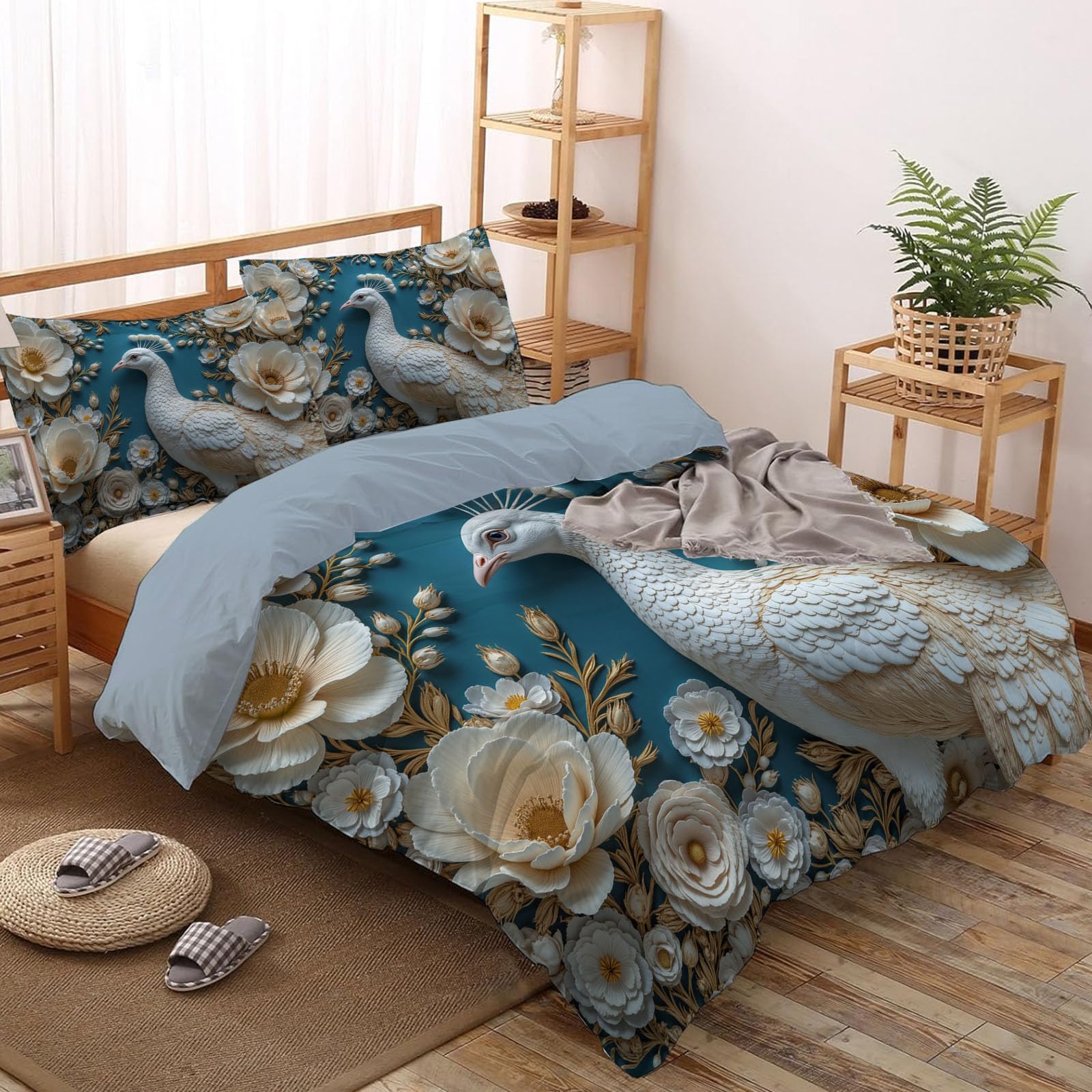 Copripiumino Matrimoniale Lusso Sollievo Floreale, Set di Biancheria da Letto Microfibra 3 Pezzi, Parure Copri Piumino 220x240cm e 2 Federa 50x75, Bianco Copritrapunta con Cerniera