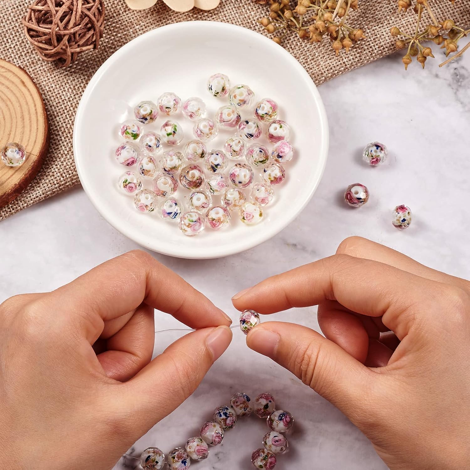 Pandahall 60Pcs White Rose Flower Lampwork Beads Millefiori Flower Glass Beads Crystal Flower Beads Gold Sand Lampwork Beads for Bracelet Necklace Craft Jewelry Making - Image 2