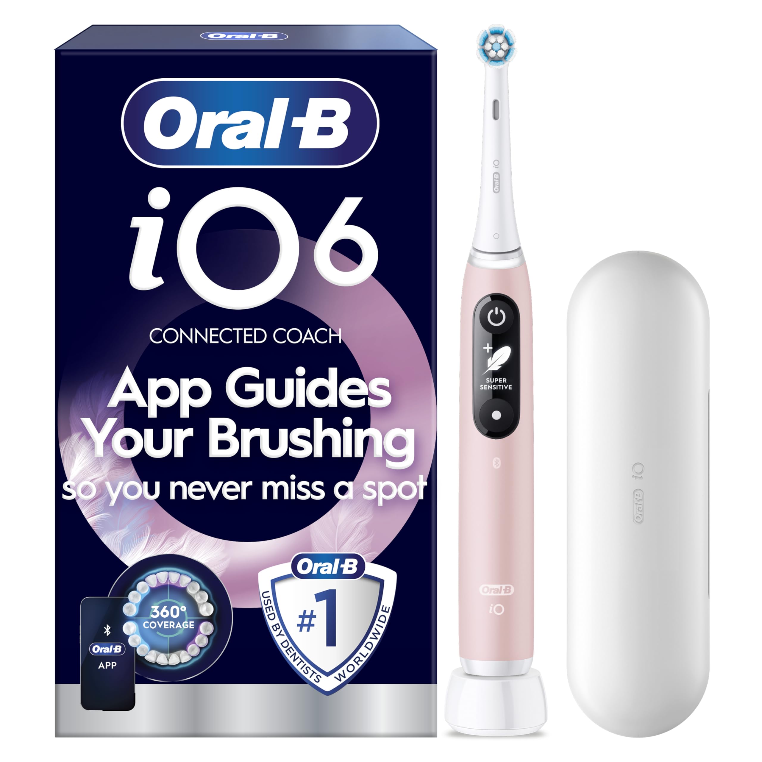 Oral-B iO Series 6 Pink Rechargeable Electric Toothbrush - 5 Smart Modes - AI Brushing Recognition