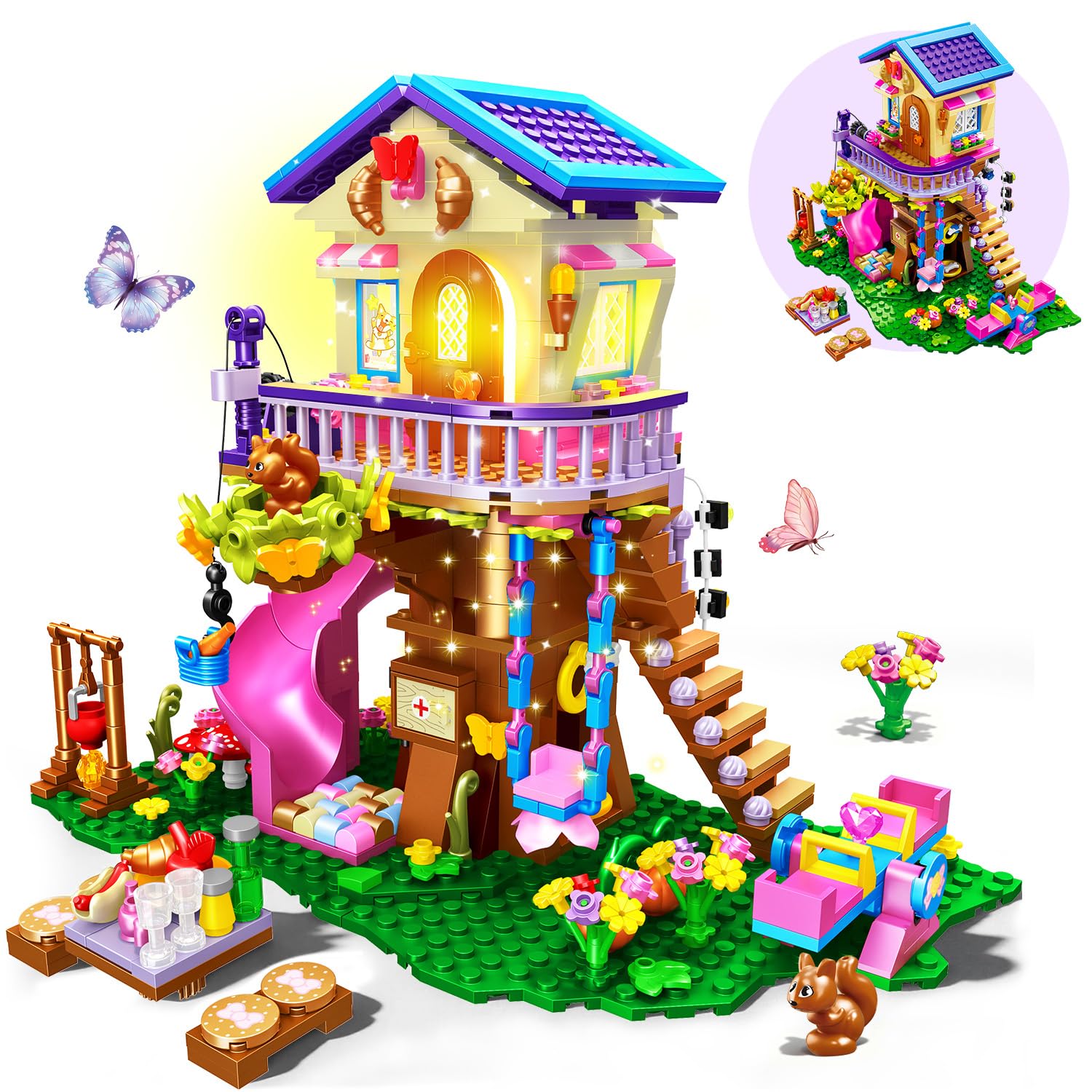 CUBIMANA Tree House Building Set with LED Light - 618PCS Treehouse Building Block Toys, Forest Up House Building Set with Slide & Fun accessories, Birthday Gift for Kids Girls Boys Age 8 9 10 11 12+