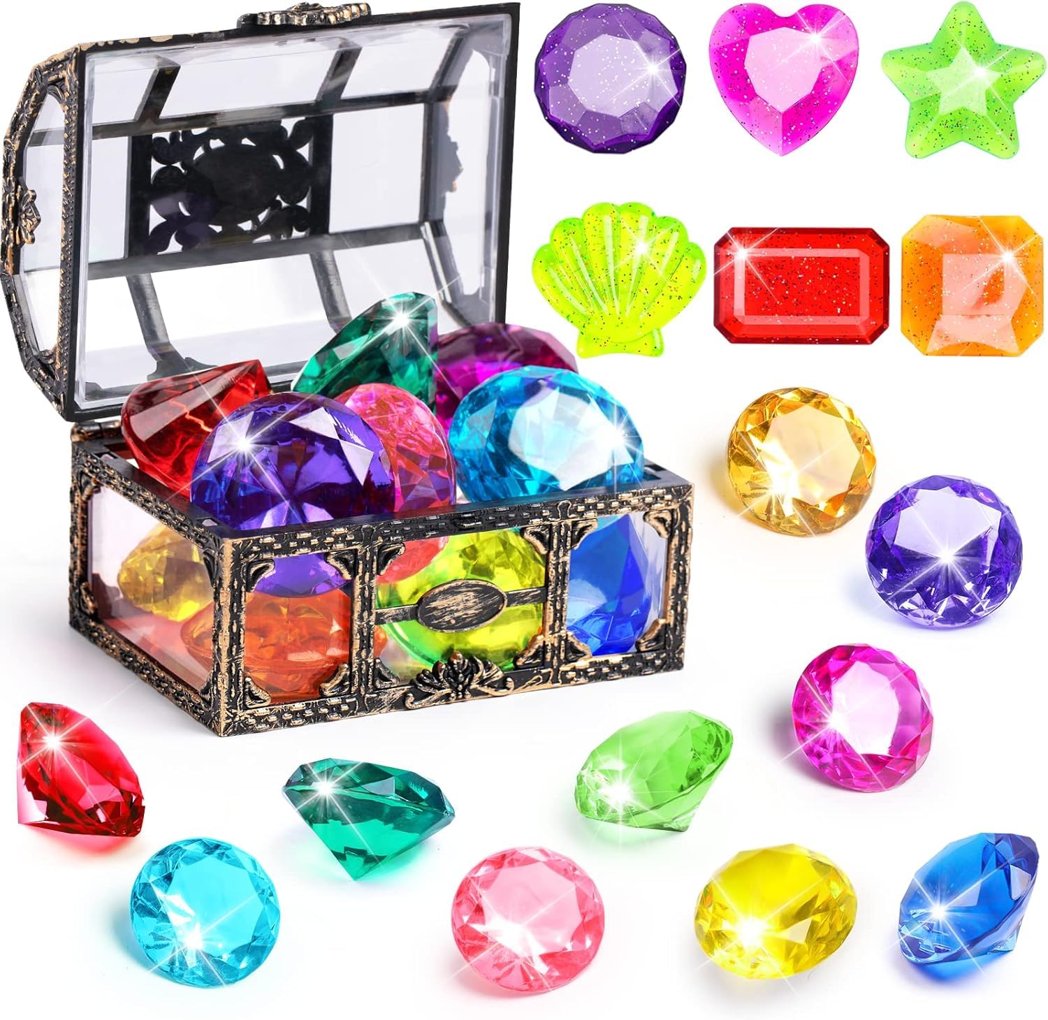 JDSTY Diving Gem Pool Toys Set, 16 Pieces, with Pirate Treasure Chest, Colourful Diamond Dive Gems, for Kids and Toddlers, Underwater Swimming Training