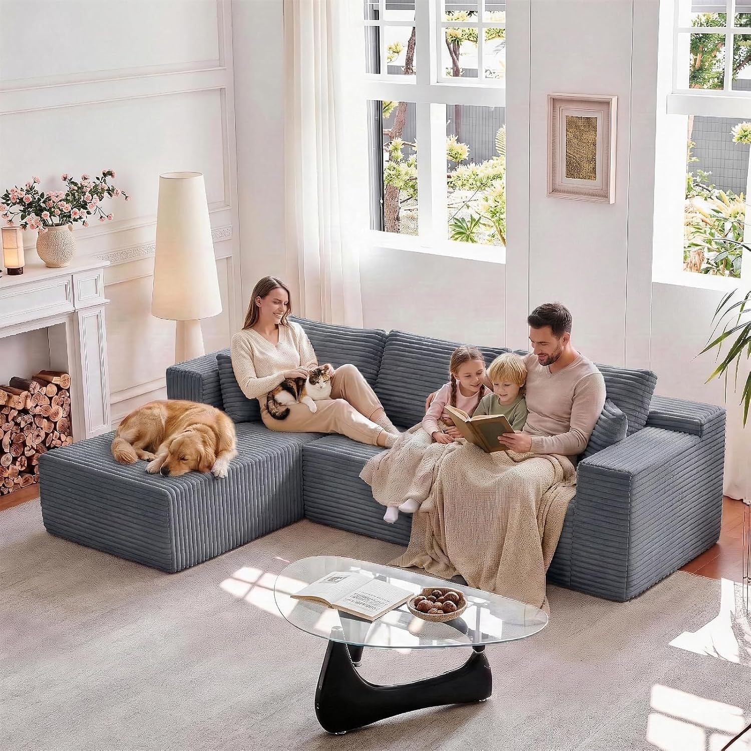 Cloud Sectional Couch, 106" Boneless Couches for Living Room, Modular Sectional Sofa with Deep Seat Oversized Left Facing Chaise, Memory Foam Comfy Couch, No Assembly Required, Dark Grey