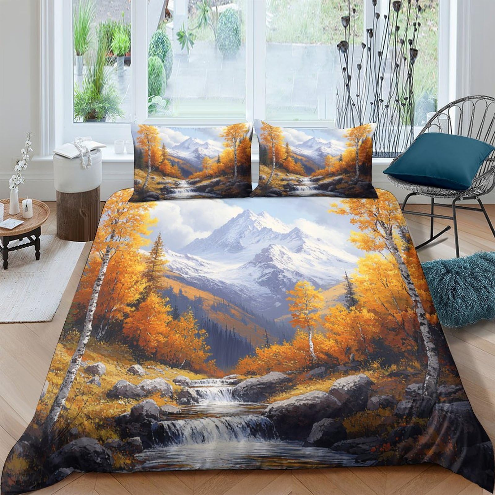 XFKLYNVCJ 3D Printed Autumn Mountain Quilt Cover Polyester Nature Landscape Bed Cover Hypoallergenic Shrink Resistant for Young Adults Rental Apartment Bedroom Use Single（140x200cm）