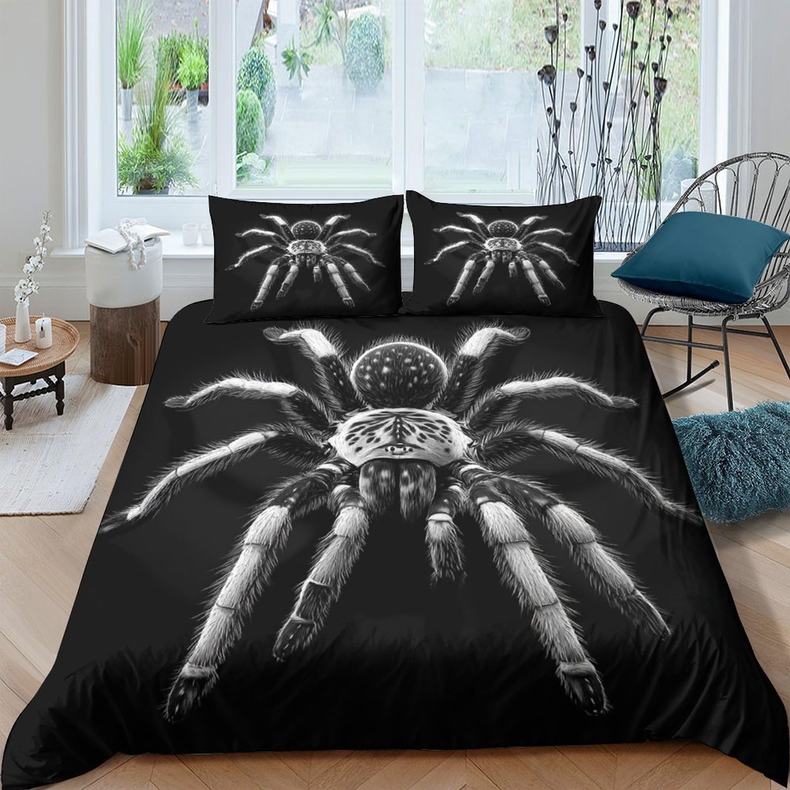 P5V6M1Q9 3D Printed Black Spider Duvet Cover Set Microfiber Soft Breathable Tarantula Quilt Cover with 2 Pillowcases for Bedroom Home Decor Single（135x200cm）