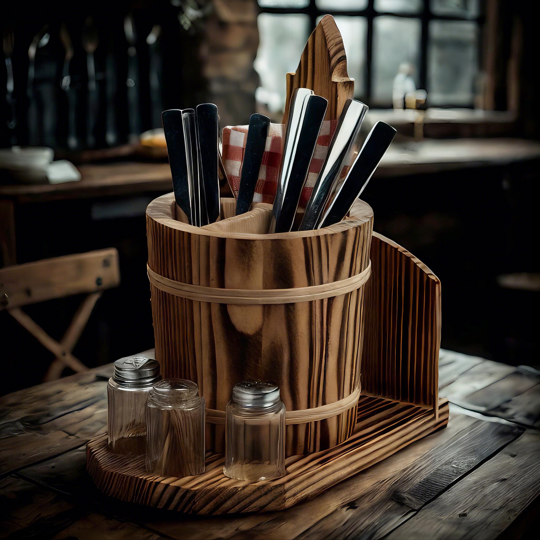 Besteckfass mit Menagenhalter und Kartenhalter 26 cm Geflammt aus Holz