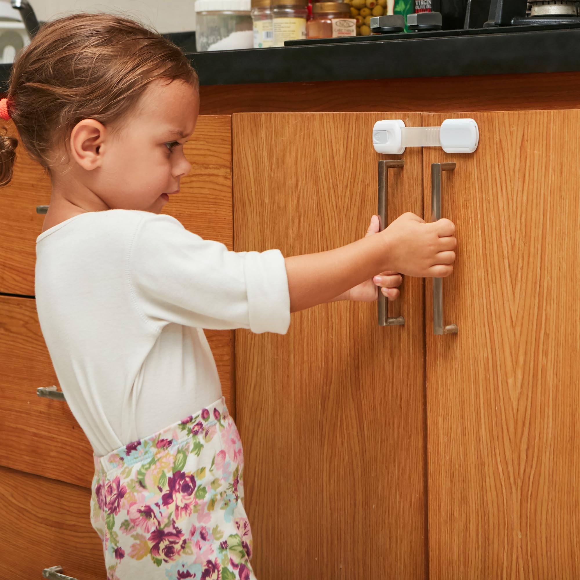 Kindersicherung Gurtschlösser (4 Pack) Babyschlösser für Schränke und Schubladen, Toilette, Kühlschrank & mehr 3M Klebepads Einfache Installation ohne Bohren Weiß/Grau