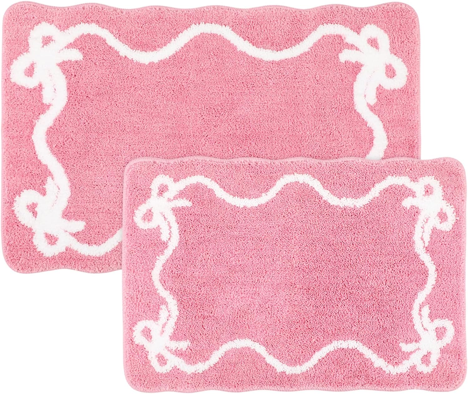 Drydiet 2 Pcs Pink Bow 3D Textured Door Mats, Soft Fluffy Non-Slip Bathroom Rugs Washable, Cute Bow Pattern Carpet Set for Bedroom & Home Decor