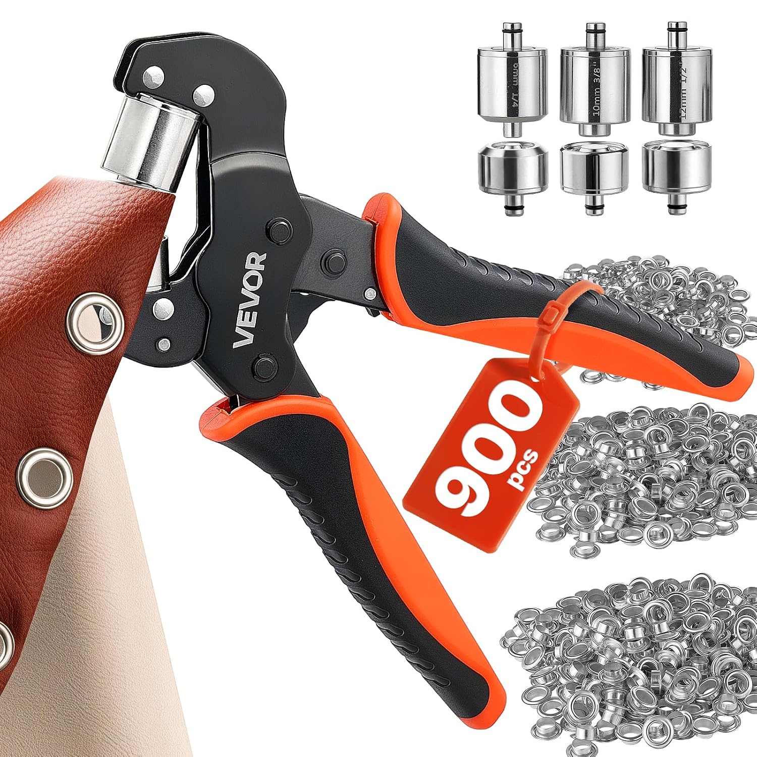 VEVOR Grommet Tool Kit 1/4" 3/8" 1/2" 900 PCS Grommets Eyelet Tool Kit, with Eyelets and Washers, Manual Grommet Press Pliers, Hole Punch Tools, Blocks, for Leather, Tarps, Shoes, Crafts, Fabric