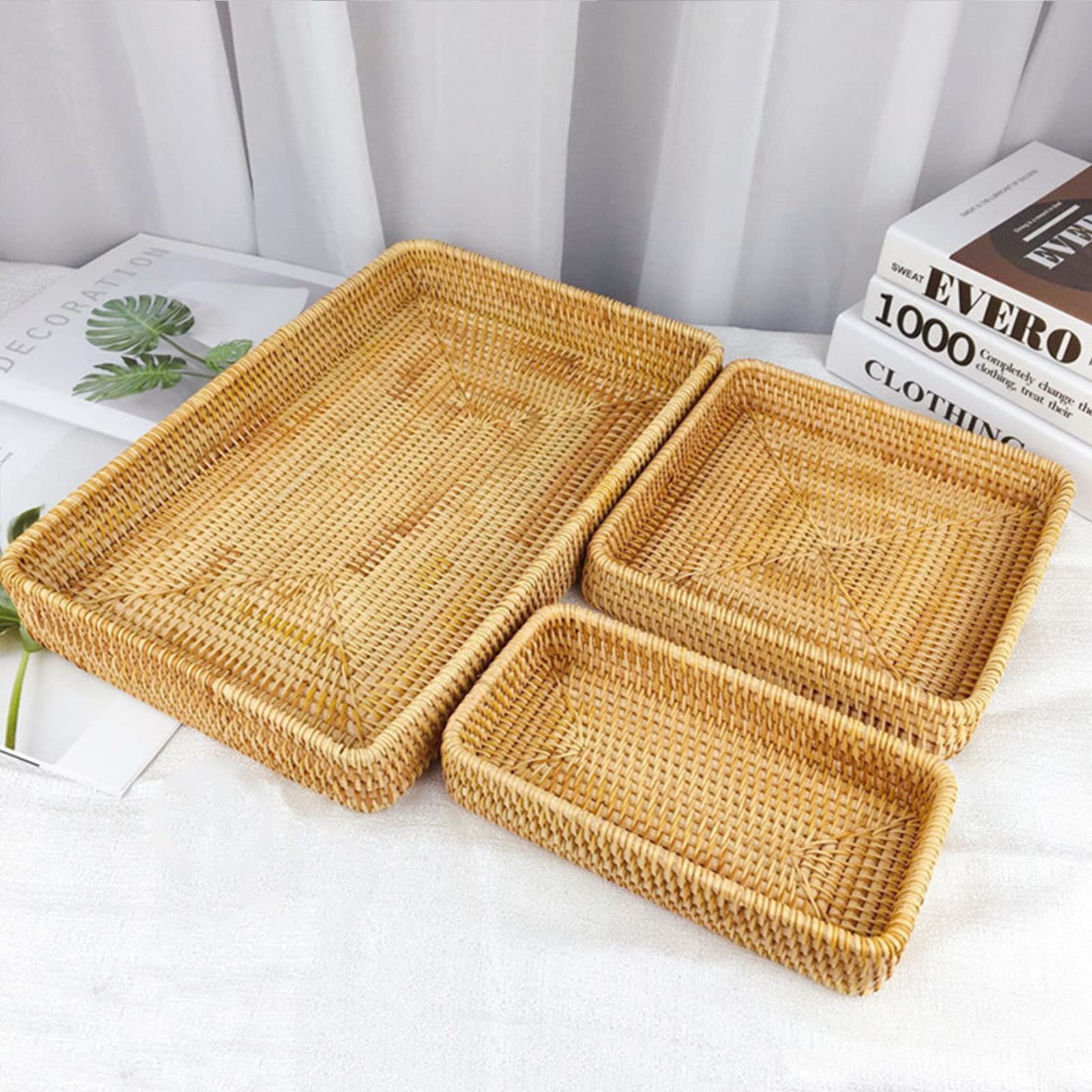 Juego de Bandejas de Ratán Tejidas a Mano, Cesta Multifuncional para Servir de 3 Piezas para Organización de Mesa, para Refrigerios, Pan y café, Bandejas Decorativas Livianas y Portátiles