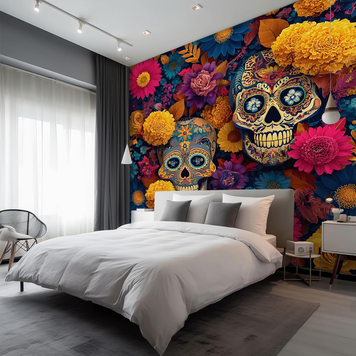Generic Sugar Skull Wallpaper & Wall Murals, 144" W x 100" H - Chrysanthemum Floral Wall Mural Decoration, Day of the Dead Home Decor for Bedroom, Living Room, Waterproof - Not Peel and Stick - Ha1627