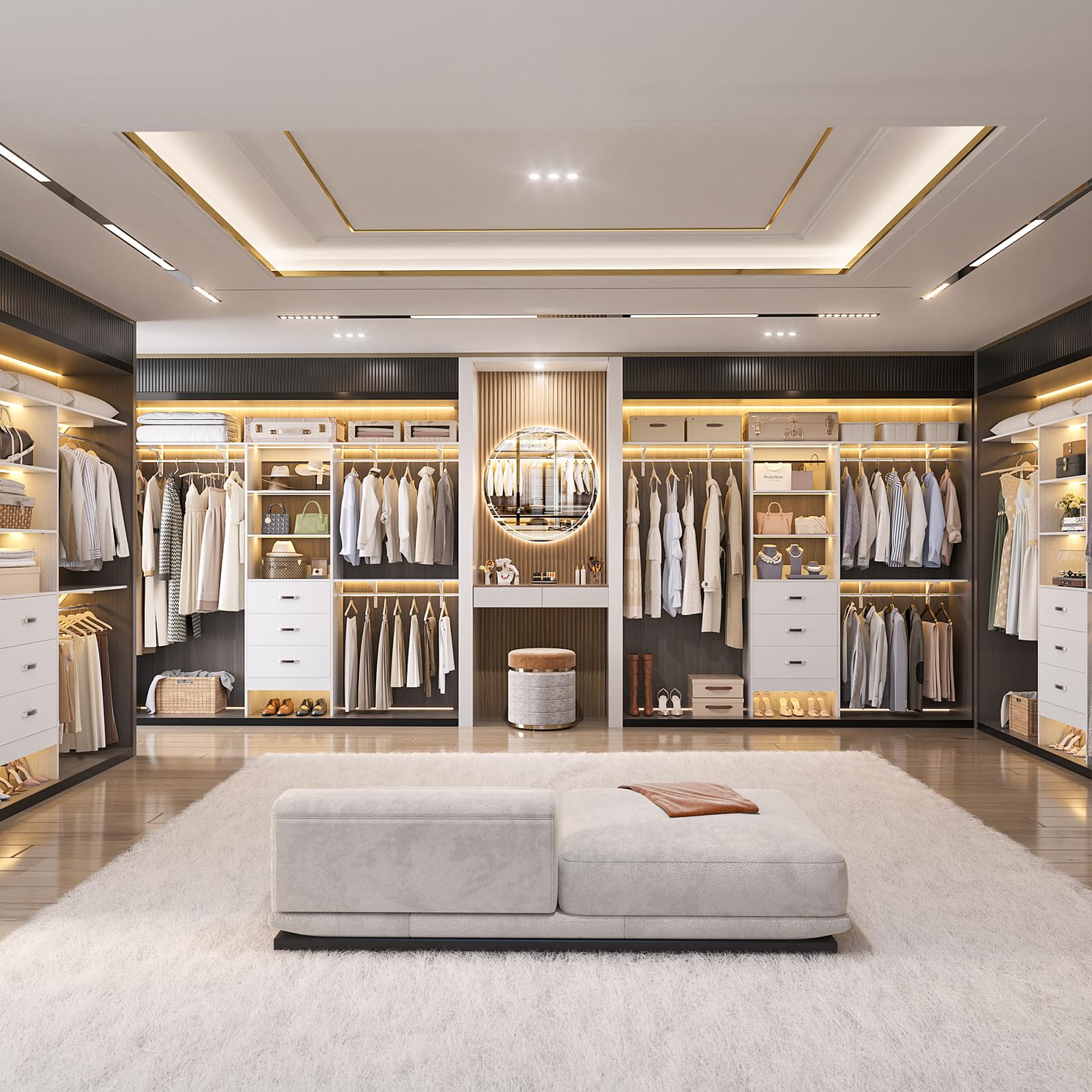 Besiost Closet System with Drawer - 8FT Wood Closet Organizer System with 3 Hanging Rods and Shelving Tower, 96