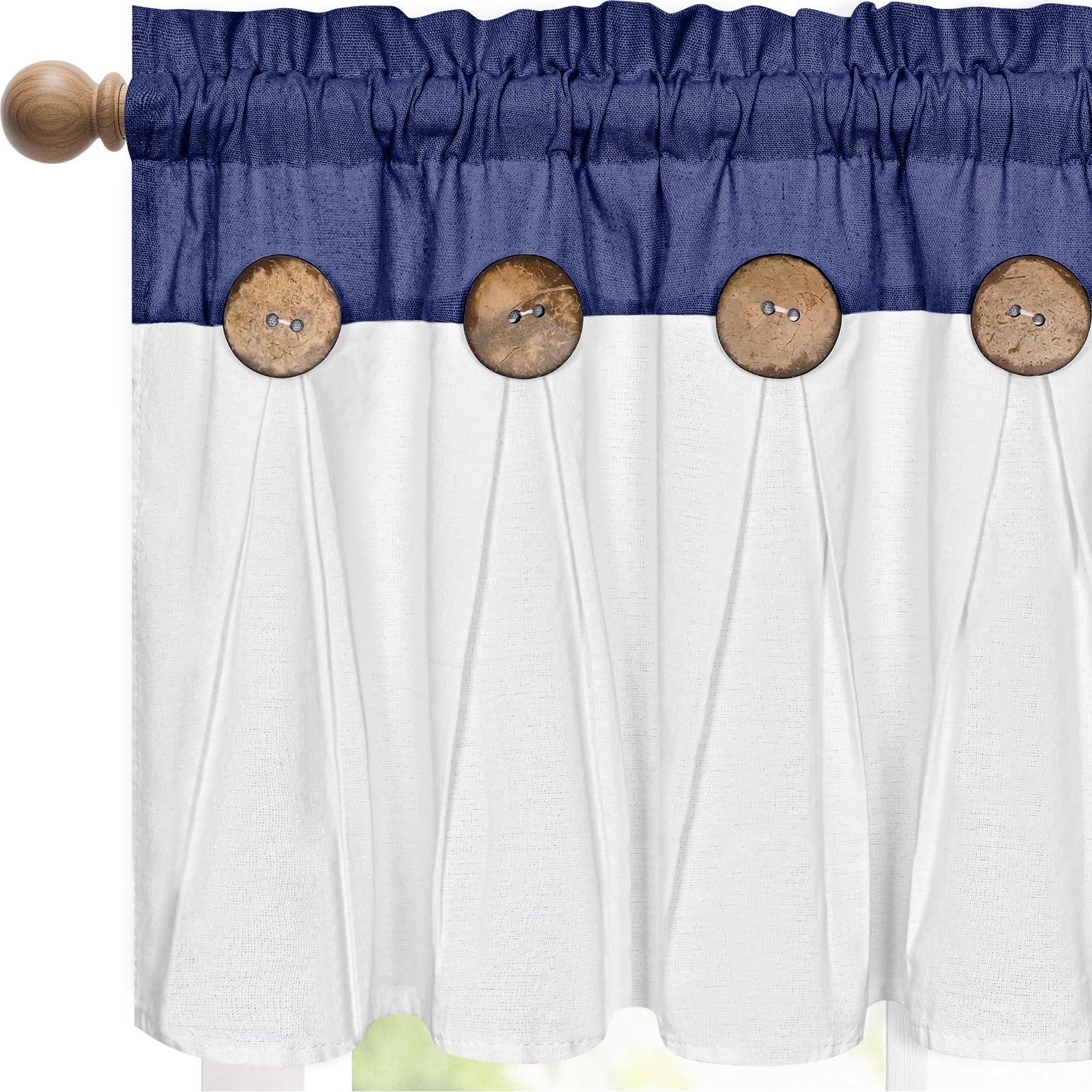 FRAMICS Farmhouse Valance Curtains, Boho Cotton Linen Kitchen Valances, Navy Blue Rustic Button Window Valance for Kitchen Bathroom Bedroom, Country