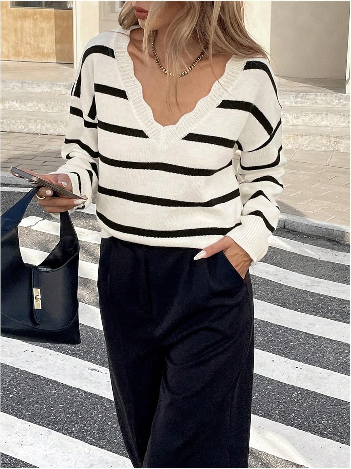 WDIRARA Women's Striped Sweaters Drop Shoulder Long Sleeve V Neck Ribbed Knit Pullover Top - Image 3