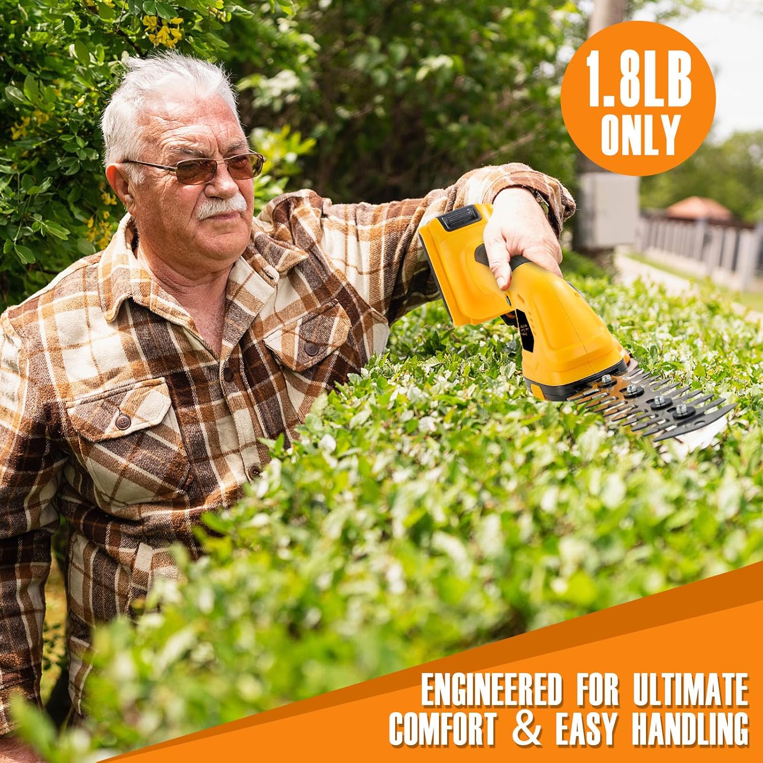Person using ohyes trimmer to trim a hedge