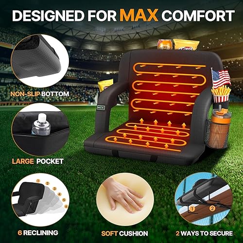 Miniatura 4 de DEXSO 2-Pack Heated Stadium Seats with Backrest Dual-Sided Heating, 3 Temperature Levels, 5 Storage Pockets. Portable, Foldable Bleacher Chairs for