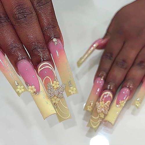 BABALAL Uñas postizas extralargas a presión en forma de ataúd, uñas postizas de color amarillo y rosa degradado, uñas acrílicas con dije de mariposa