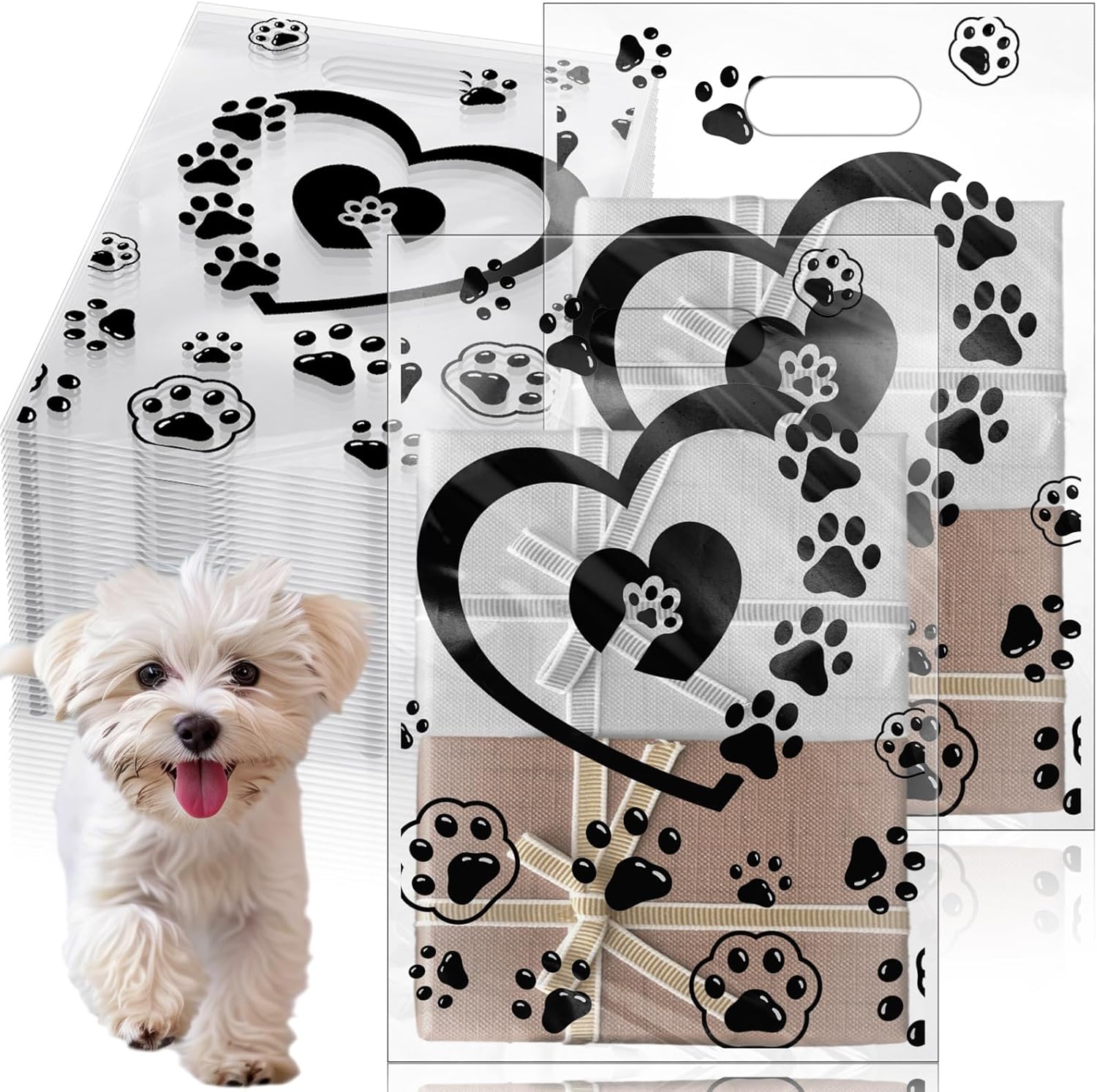 100 Pcs Dog Paw Gift Bags Bulk 11.8×7.9 In Plastic Clear Puppy Treats Goodies Totes with Handle Merchandise Shopping Bag for Christmas Birthday Party Retail Business Wrapping