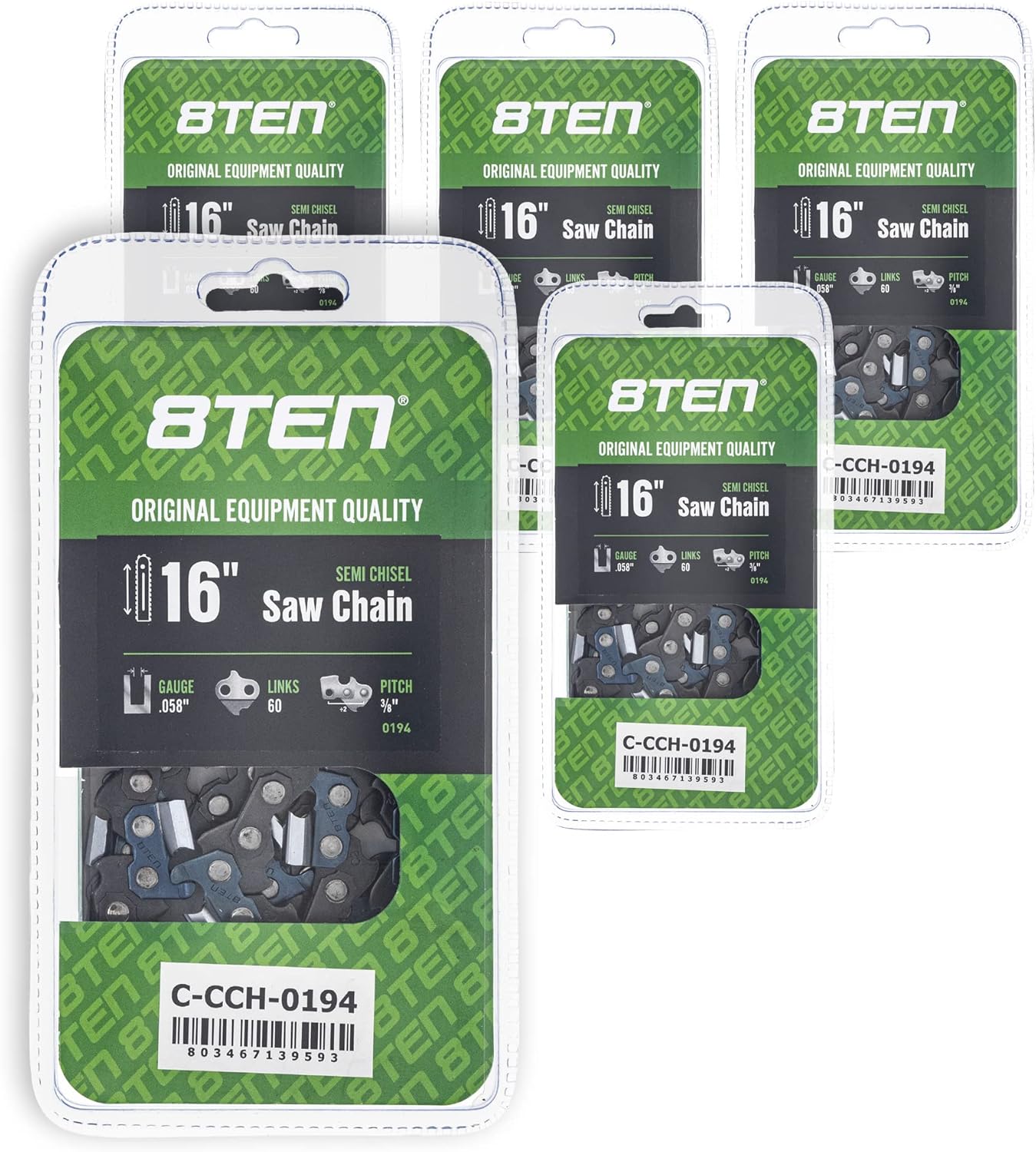 8TEN Semi Chisel Chainsaw Chain 16 Inch .058 3/8 60DL For Husqvarna 455 Rancher Poulan 475 Jonsered 2165 (5 Pack)