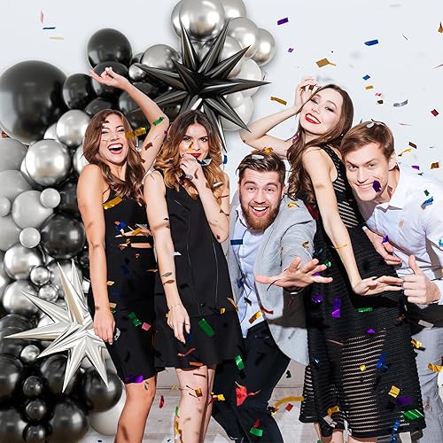 Miniatura 5 de Kit de arco de globos negros y plateados, globos de cumpleaños de 5, 10 y 18 pulgadas, kit de guirnalda metálica plateada negra y gris con 2 globos