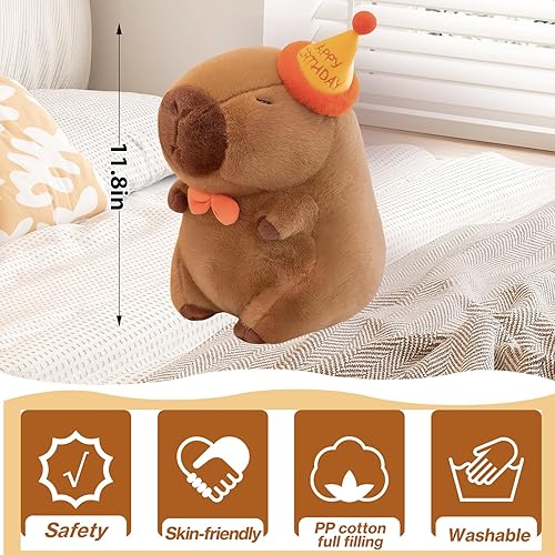 Miniatura 2 de Capybara - Peluche de 11.8 pulgadas con gorro de cumpleaños, adorable y suave, regalo perfecto para adultos y niños Cumpleaños Capibara,Amor