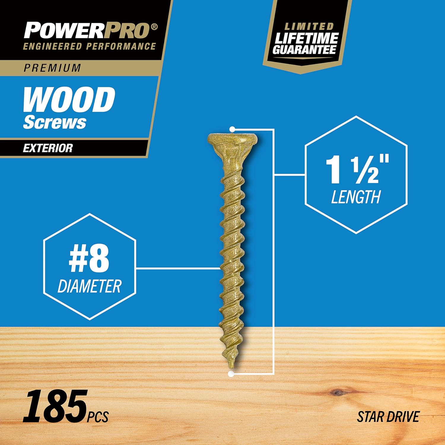 Power Pro Premium Exterior Wood Screws, #8 x 1-1/2"Inch All-Purpose Deck Screws for Outdoor Projects, T-25 Star Bit Included, Bronze, 203 Pieces | 48595